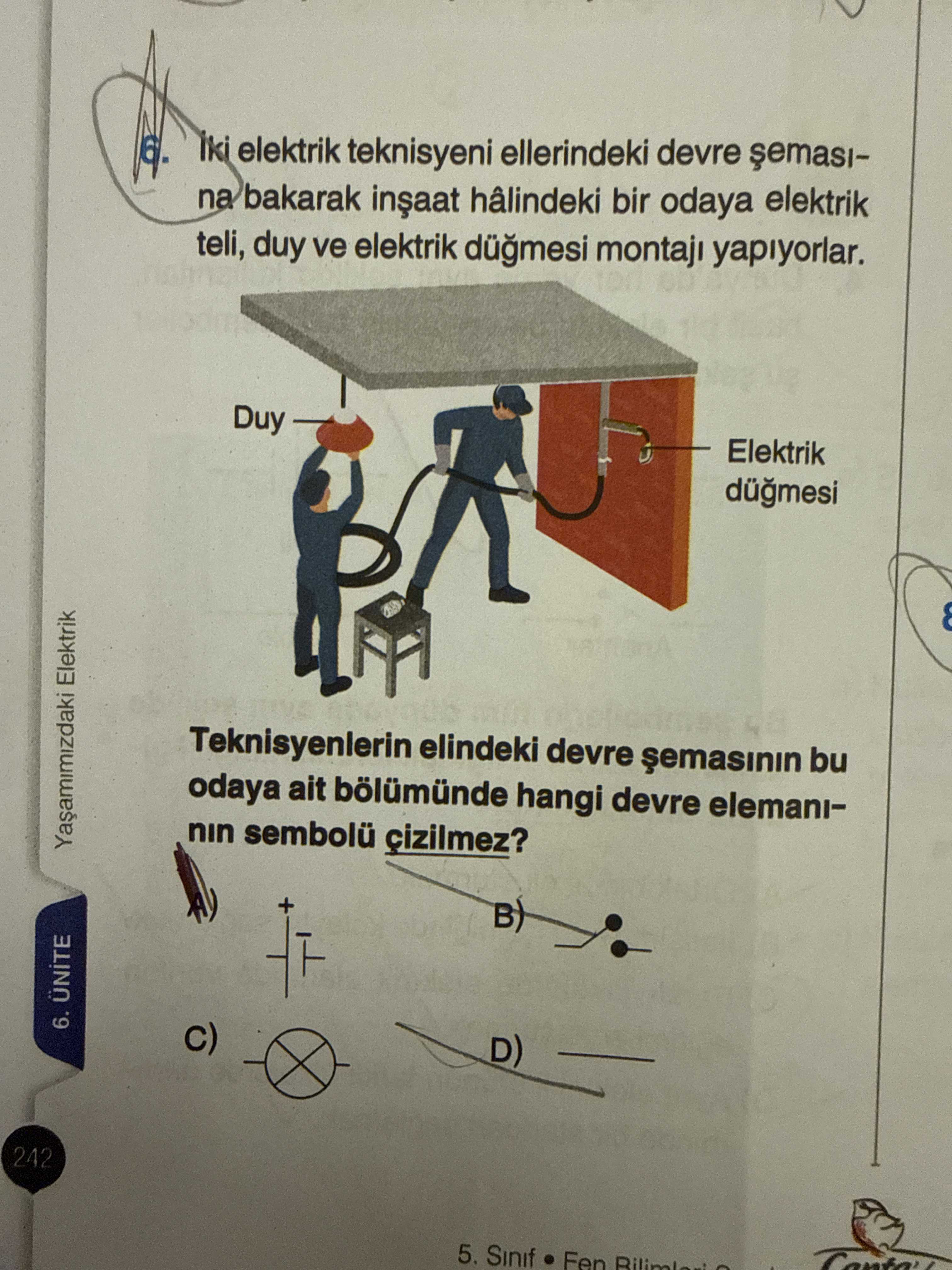 İki elektrik teknisyeni ellerindeki devre şemasına bakarak inşaat hâlindeki bir odaya elektrik teli