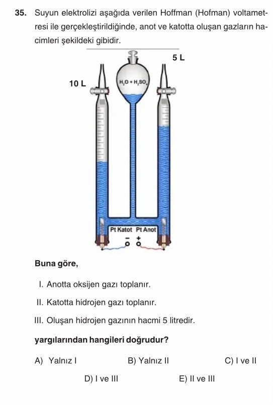 Suyun elektrolizi aşağıda verilen Hoffman (Hofman) voltametresi ile gerçekleştirildiğinde, anot ve
