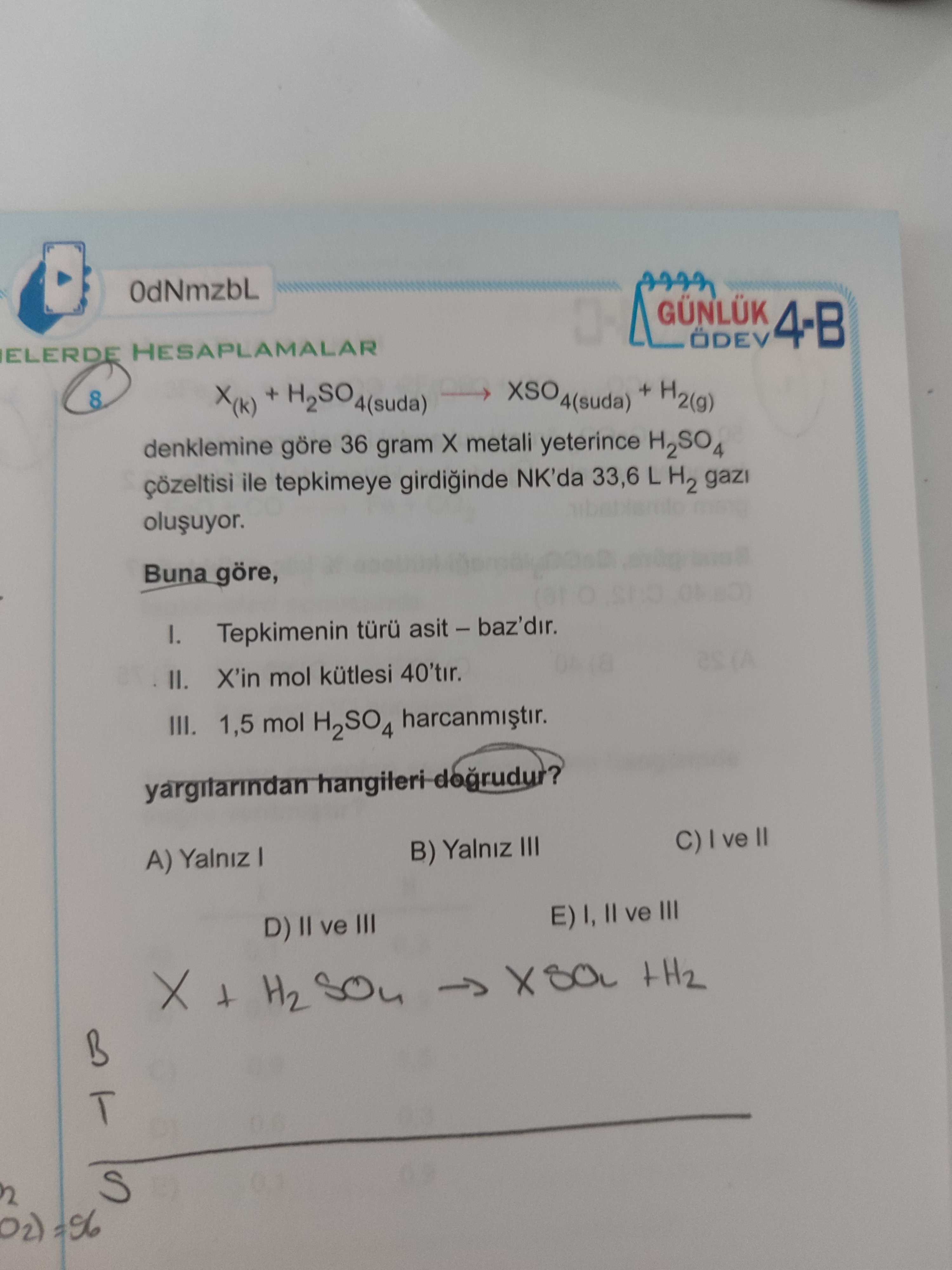 X(k) + H₂SO₄(suda) ——→ XSO₄(suda) + H₂(g) denklemine göre 36 gram X metali yeterince H₂SO₄ çözeltisi