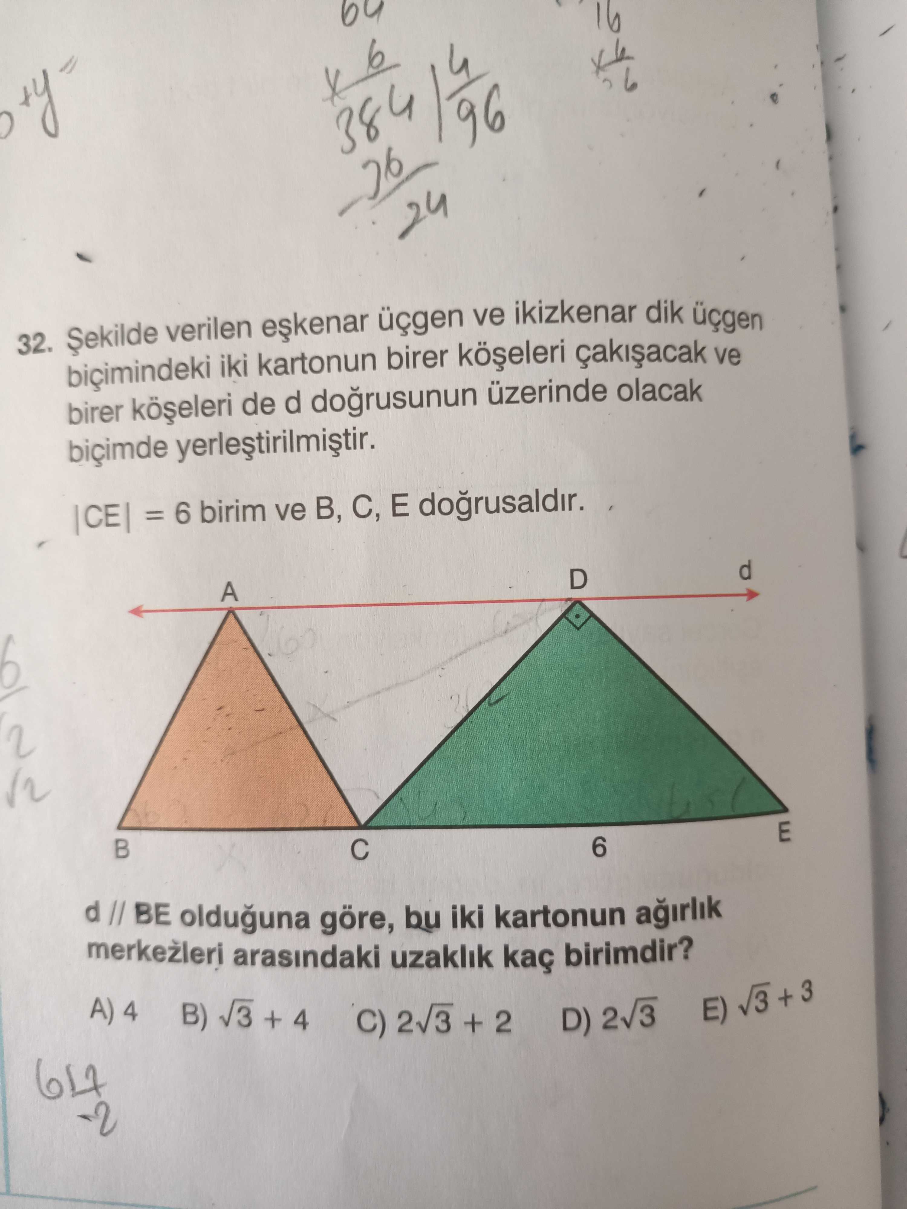 Şekilde verilen eşkenar üçgen ve ikizkenar dik üçgen biçimindeki iki kartonun birer köşeleri