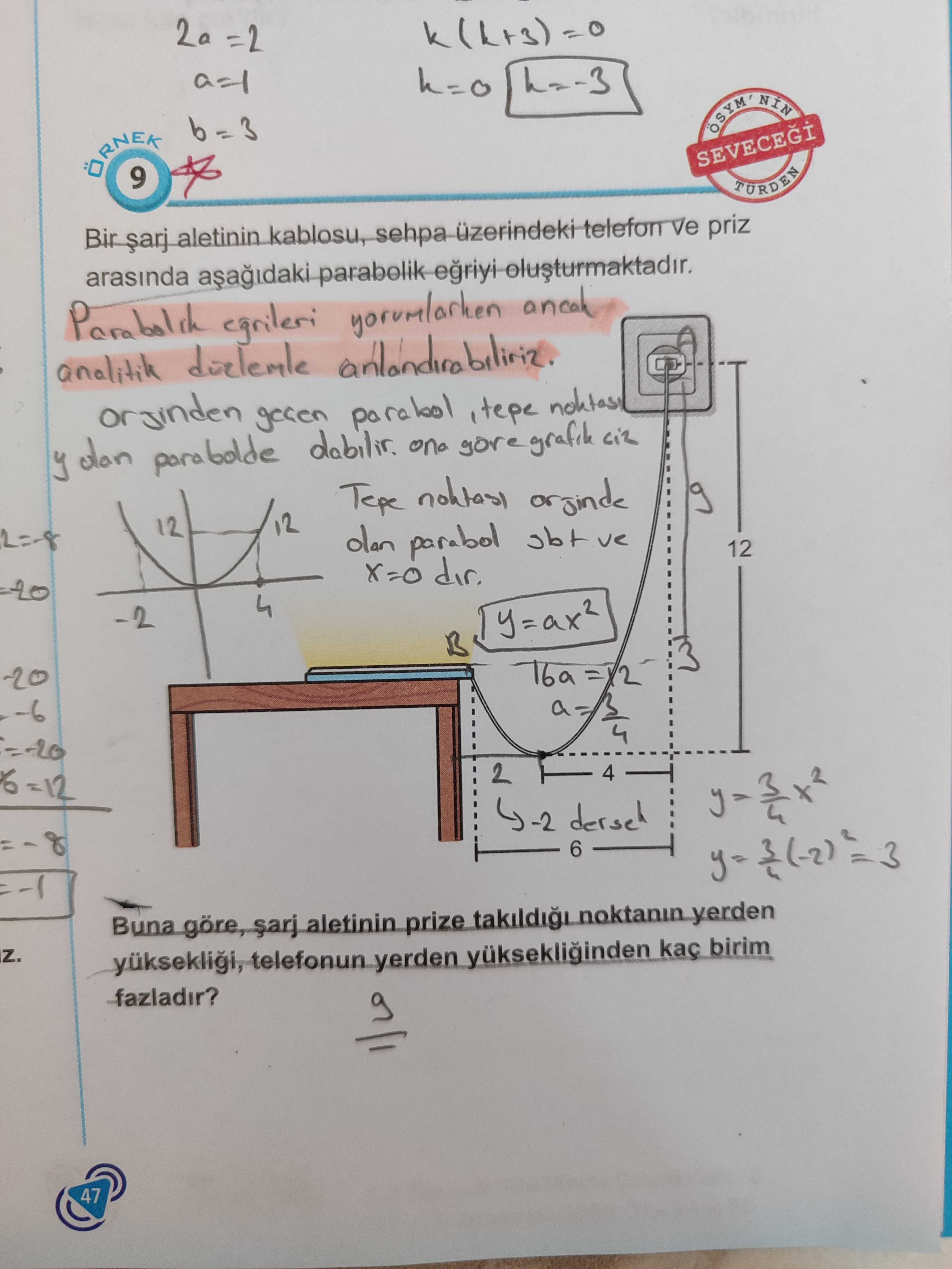 Bir şarj aletinin kablosu, sehpa üzerindeki telefon ve priz arasında aşağıdaki parabolik eğriyi