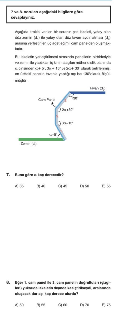 7 ve 8. soruları aşağıdaki bilgilere göre cevaplayınız. Aşağıda krokisi verilen bir seranın çatı
