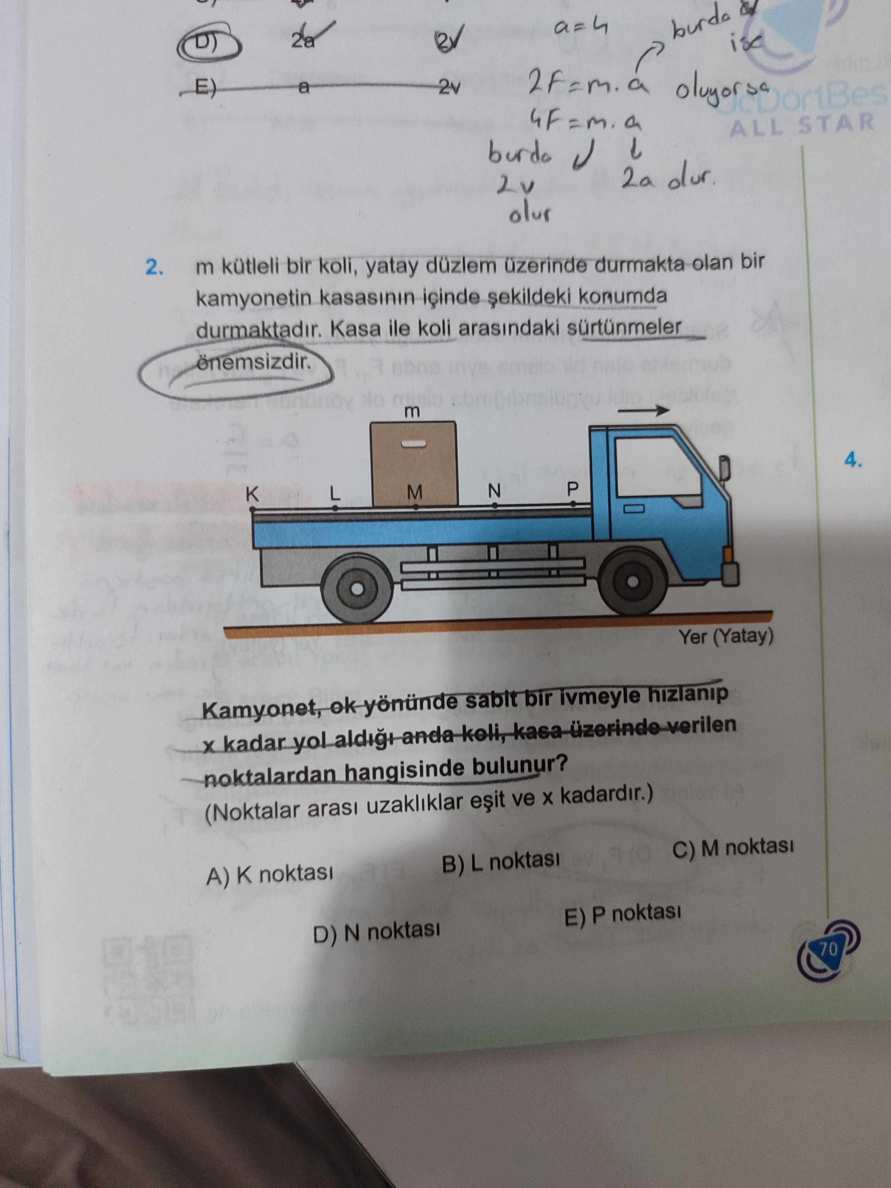 m kütleli bir koli, yatay düzlem üzerinde durmakta olan bir kamyonetin kasasının içinde şekildeki