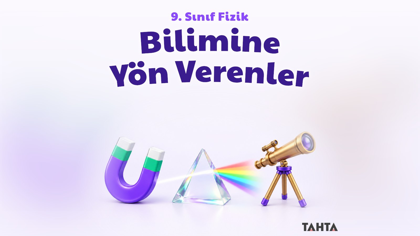 Mıknatıs, prizma ve teleskoptan oluşan parlak fizik kapak illüstrasyonu
