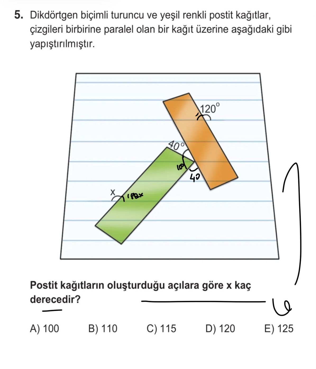 Aşağıdaki Şekil 1'de 4. ve 1. parçaları paralel olan 5 parçadan oluşan katlanır metrenin 4. ve 5. parçaları çakışık konumda olup