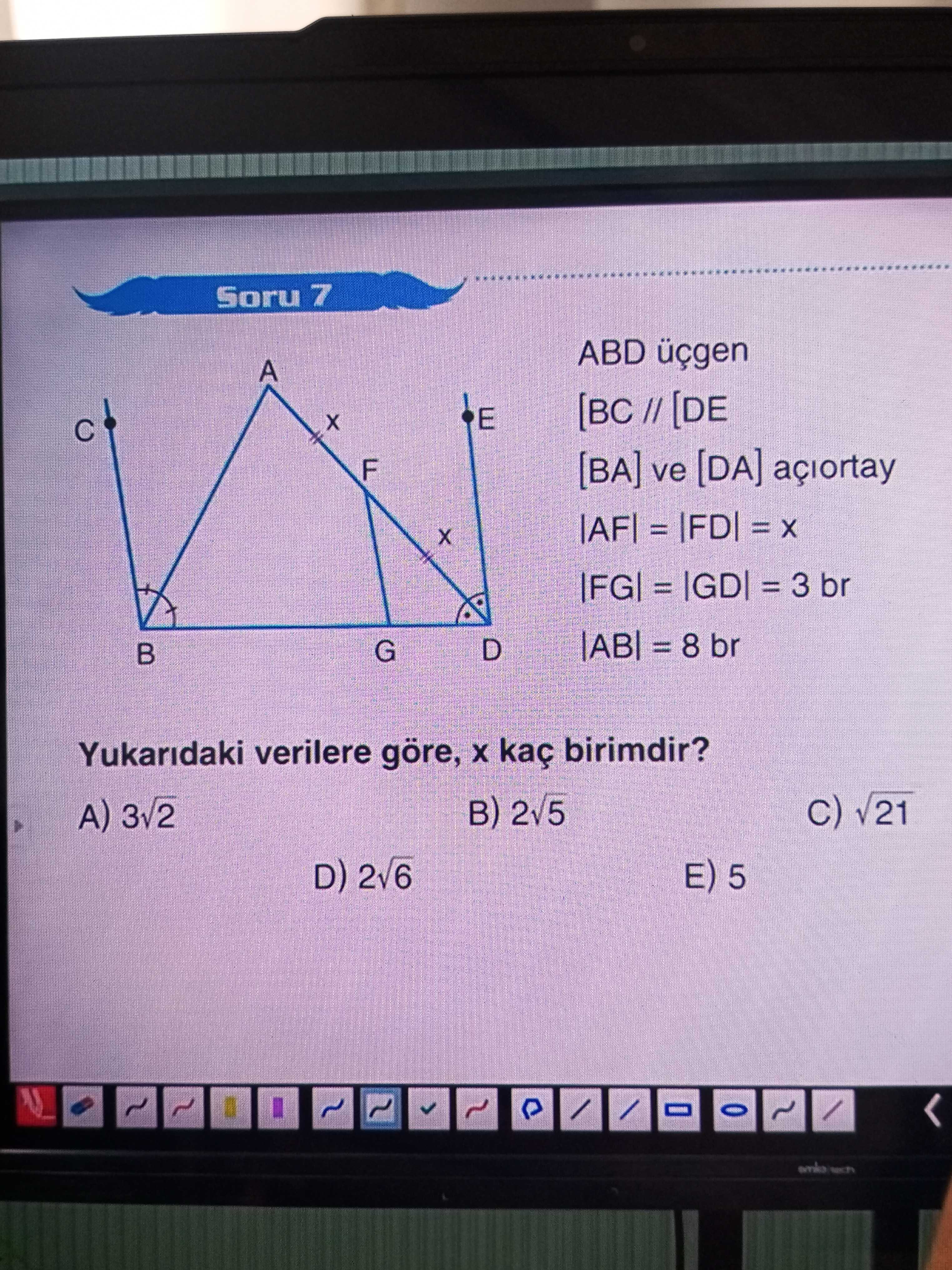 ABD üçgen [BC // [DE [BA] ve [DA] açıortay |AF| = |FD| = x |FG| = |GD| = 3 br |AB| = 8 br Yukarıdaki