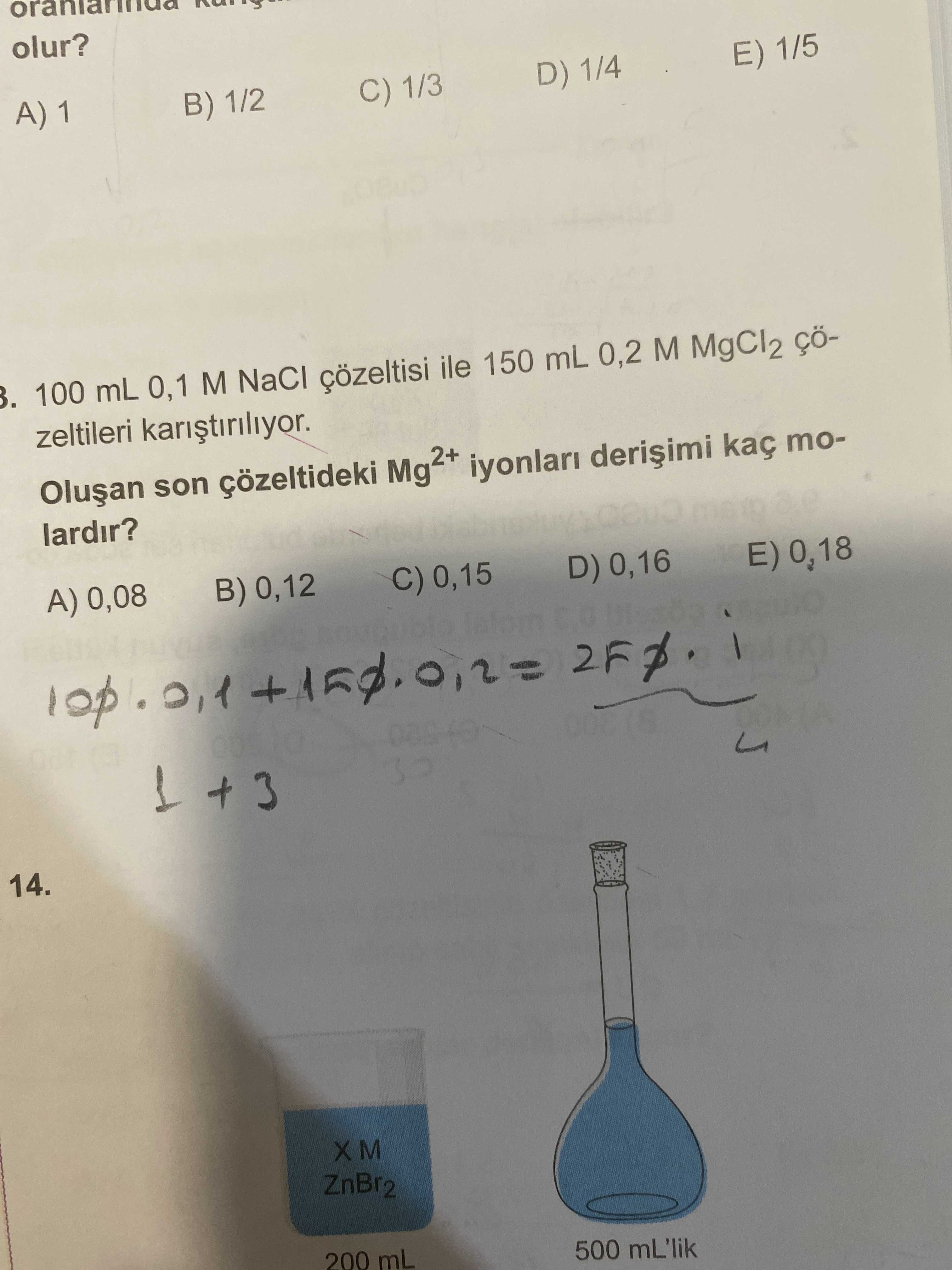 100 mL 0,1 M NaCl çözeltisi ile 150 mL 0,2 M MgCl₂ çözeltileri karıştırılıyor. Oluşan son