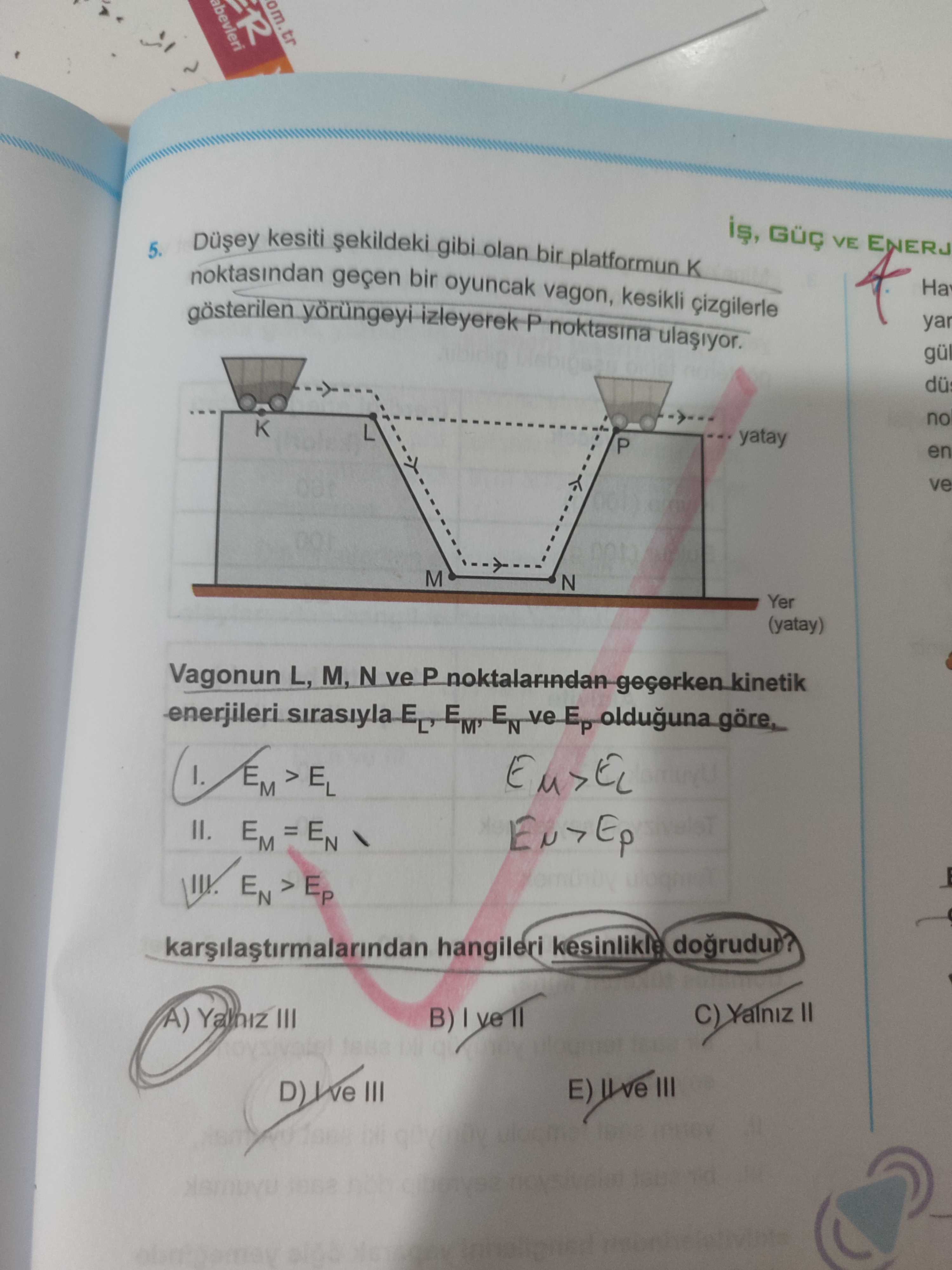 Düşey kesiti şekildeki gibi olan bir platformun K noktasından geçen bir oyuncak vagon, kesikli