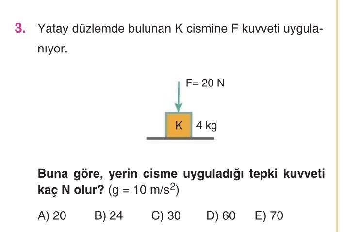 Yatay düzlemde bulunan K cismine F kuvveti uygulanıyor. Buna göre, yerin cisme uyguladığı tepki