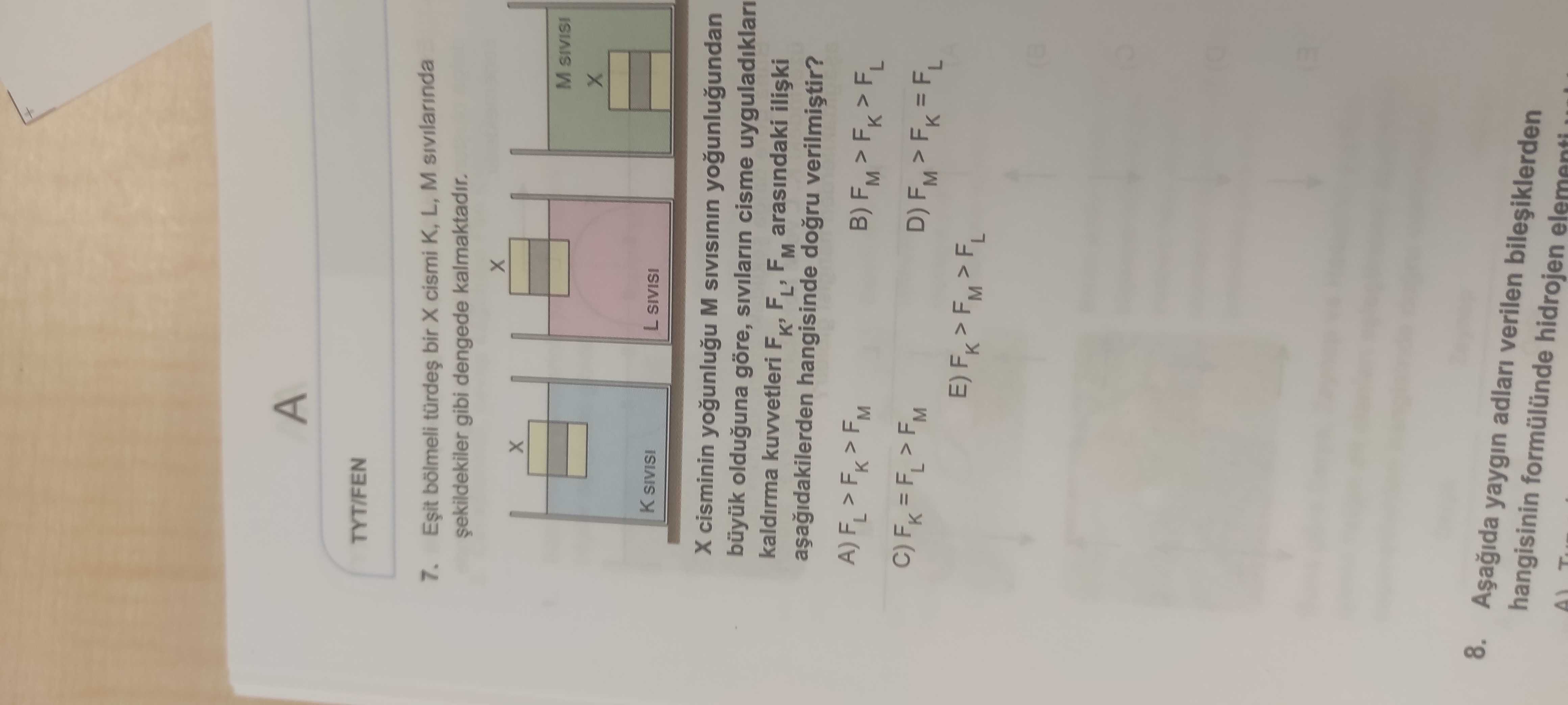 Eşit bölmeli türdeş bir X cismi K, L, M sıvılarında şekildekiler gibi dengede kalmaktadır. X