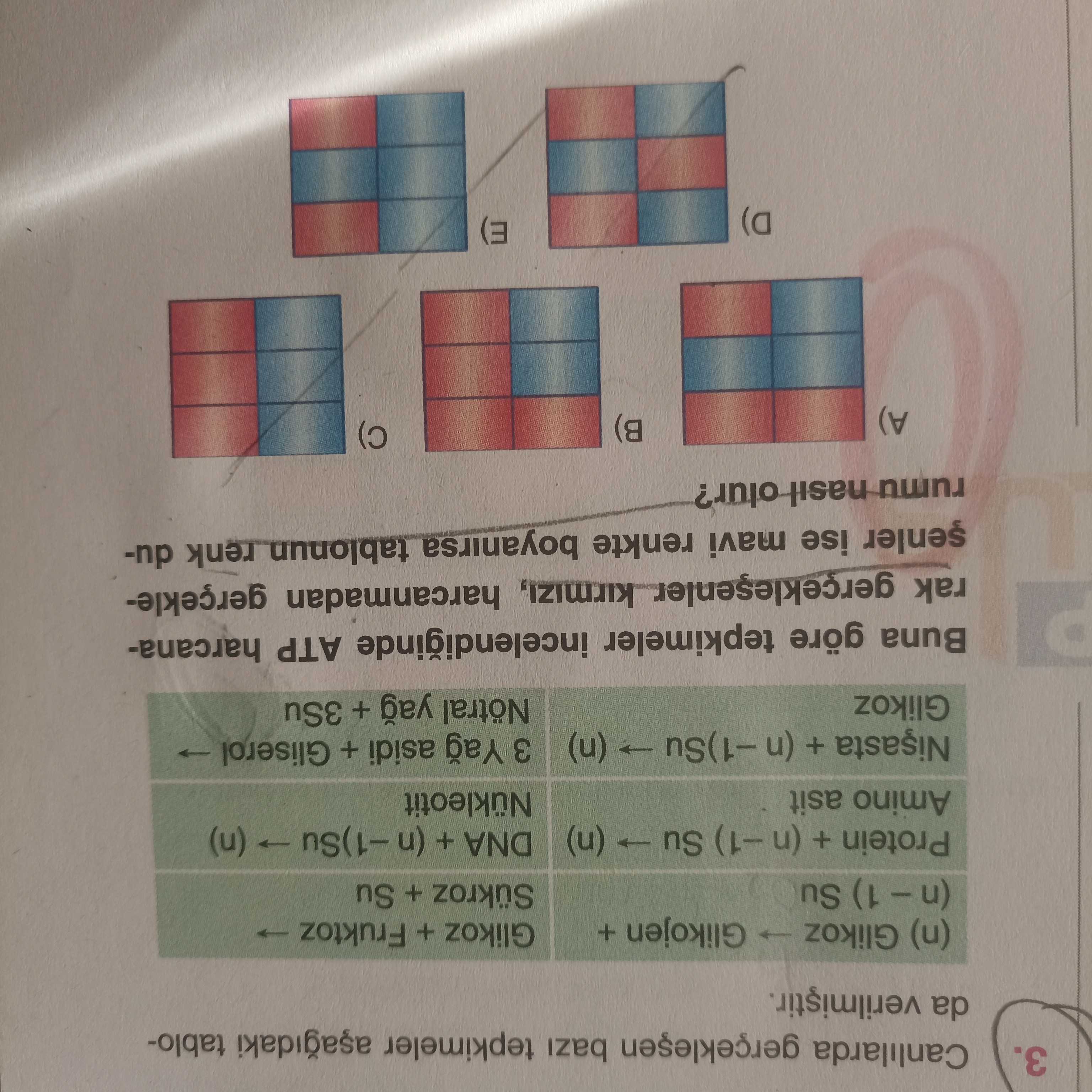 Canlılarda gerçekleşen bazı tepkimeler aşağıdaki tabloda verilmiştir. | | | |---|---| | Glikoz | | |