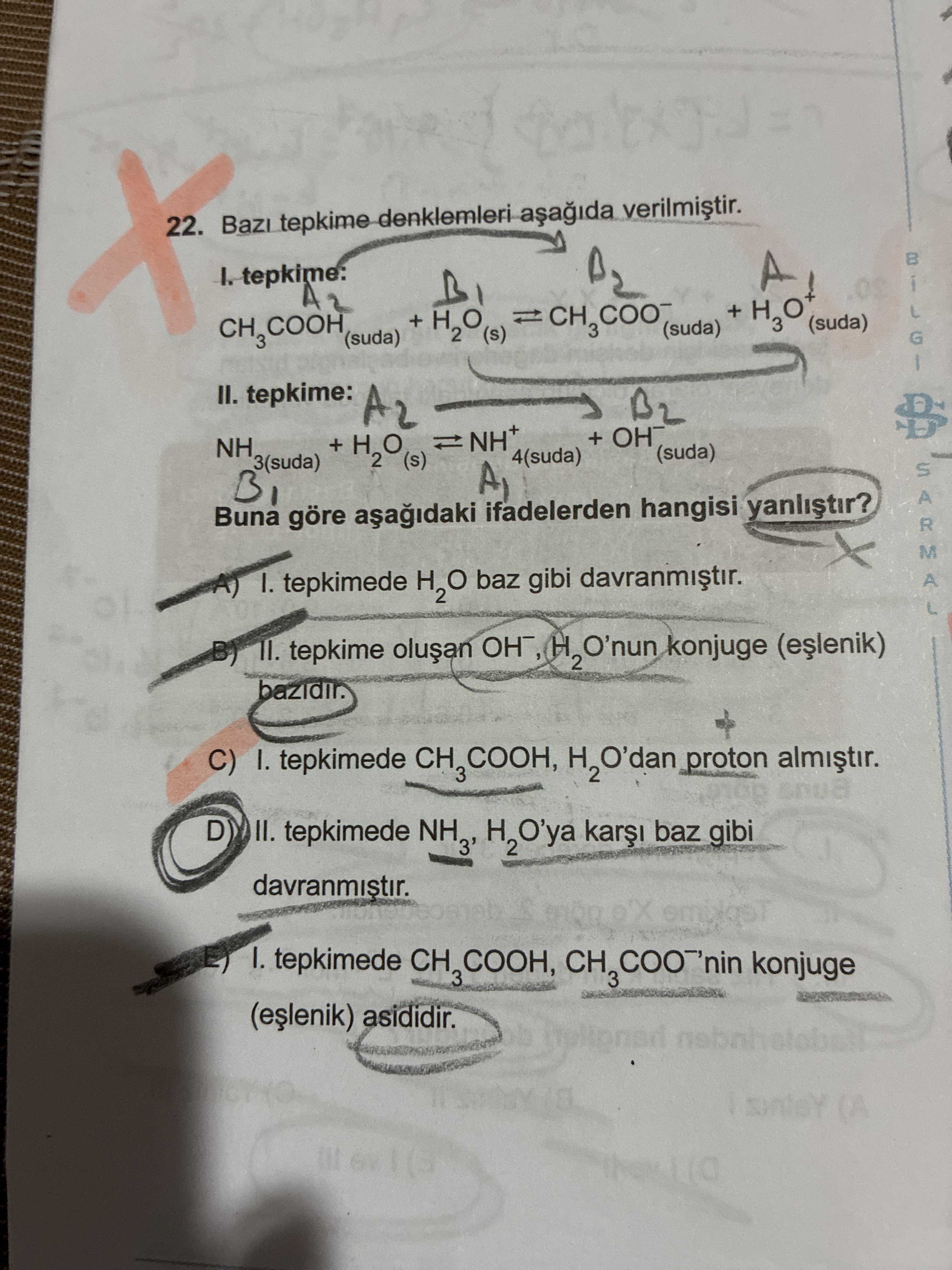Bazı tepkime denklemleri aşağıda verilmiştir. I. tepkime: CH₃COOH(suda) + H₂O(s) ⇌ CH₃COO⁻(suda) +