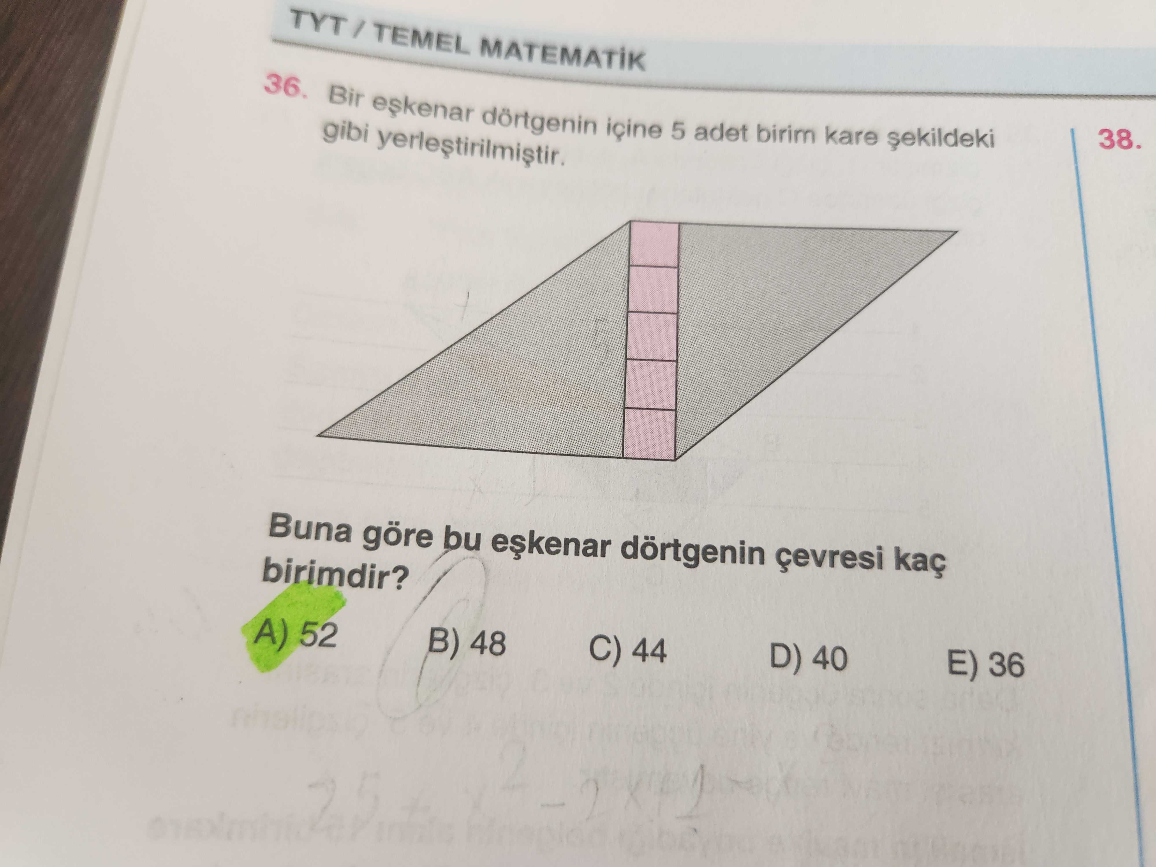 Bir eşkenar dörtgenin içine 5 adet birim kare şekildeki gibi yerleştirilmiştir. Buna göre bu eşkenar