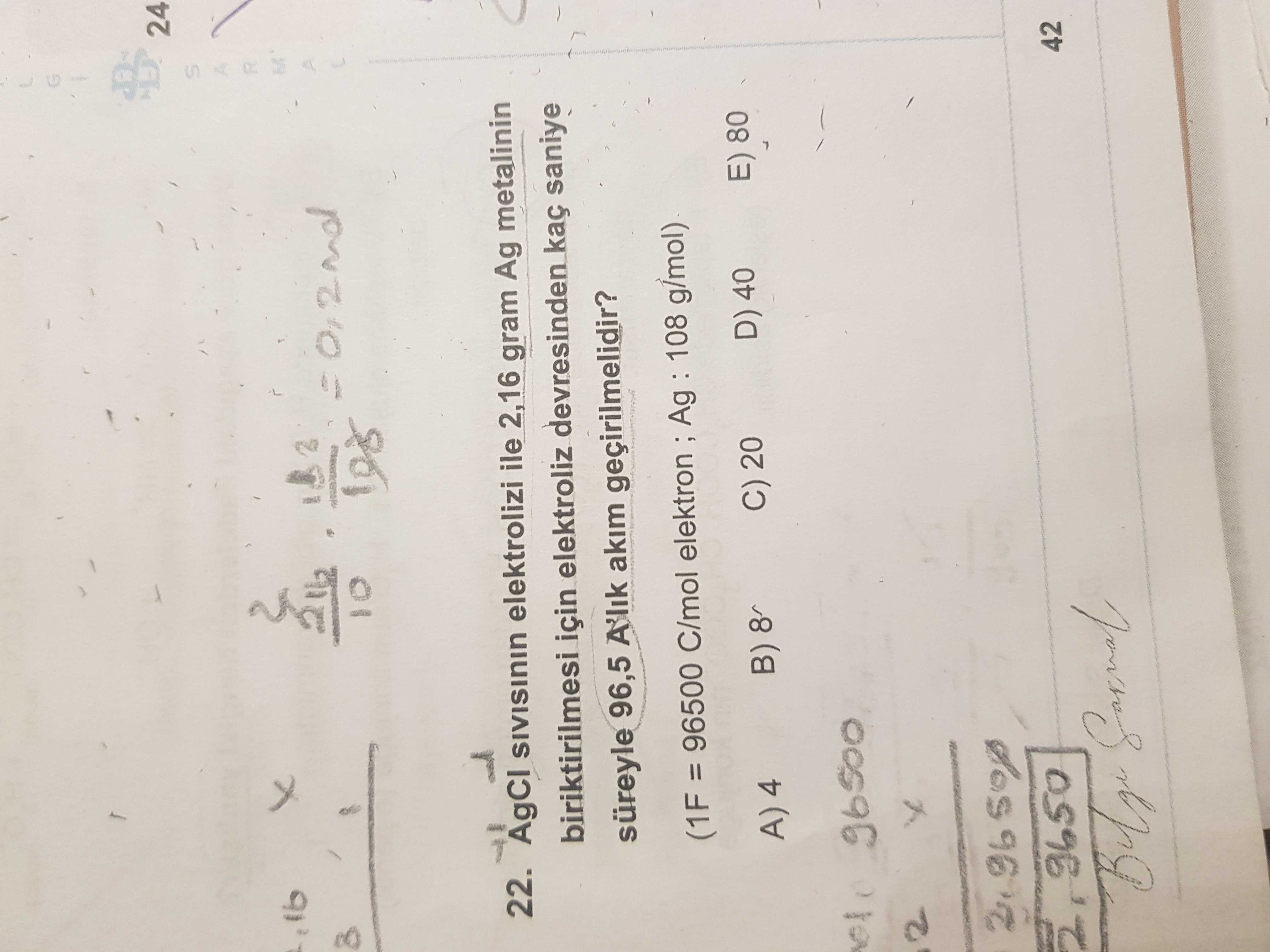 AgCl sıvısının elektrolizi ile 2,16 gram Ag metalinin biriktirilmesi için elektroliz devresinden kaç