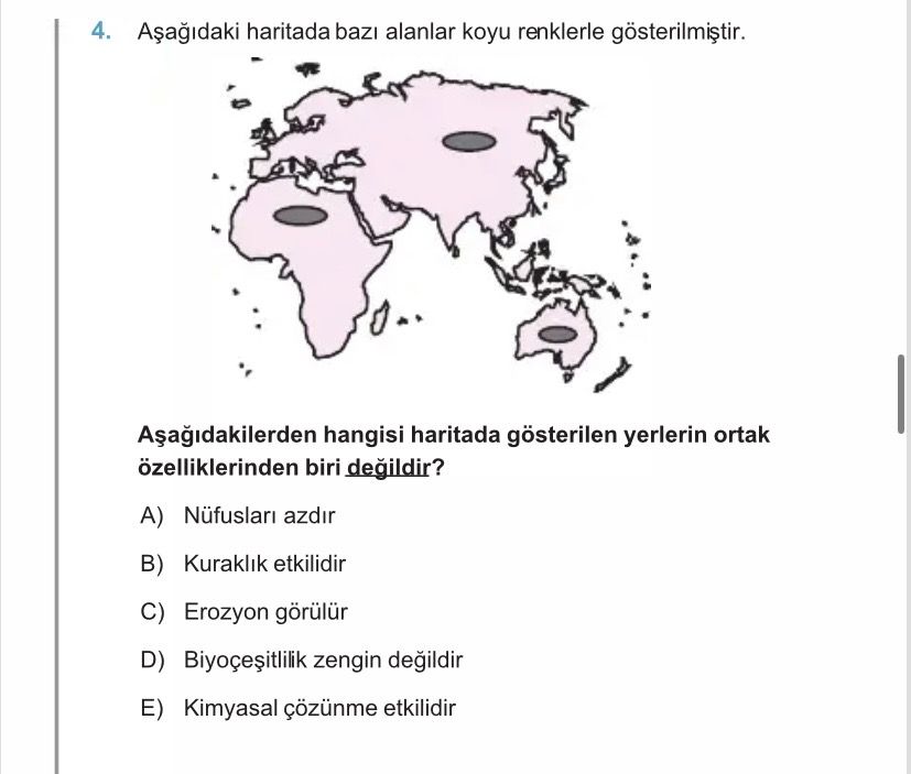 Aşağıdaki haritada bazı alanlar koyu renklerle gösterilmiştir. Aşağıdakilerden hangisi haritada