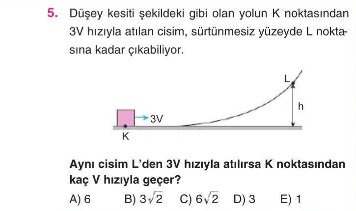 Düşey kesiti şekildeki gibi olan yolun K noktasından 3V hızıyla atılan cisim, sürtünmesiz yüzeyde L
