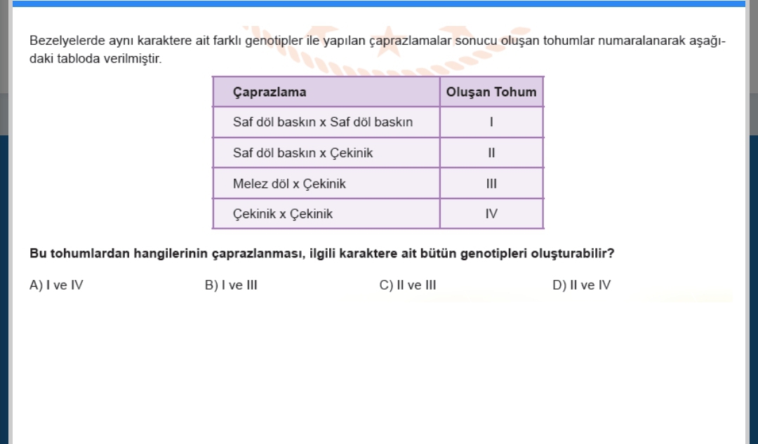 Bezelyelerde ayni karaktere ait genotipler ile yapilan sonucu tohumlar numaralanarak daki tabloda Tohum Saf döl baskin Saf döl