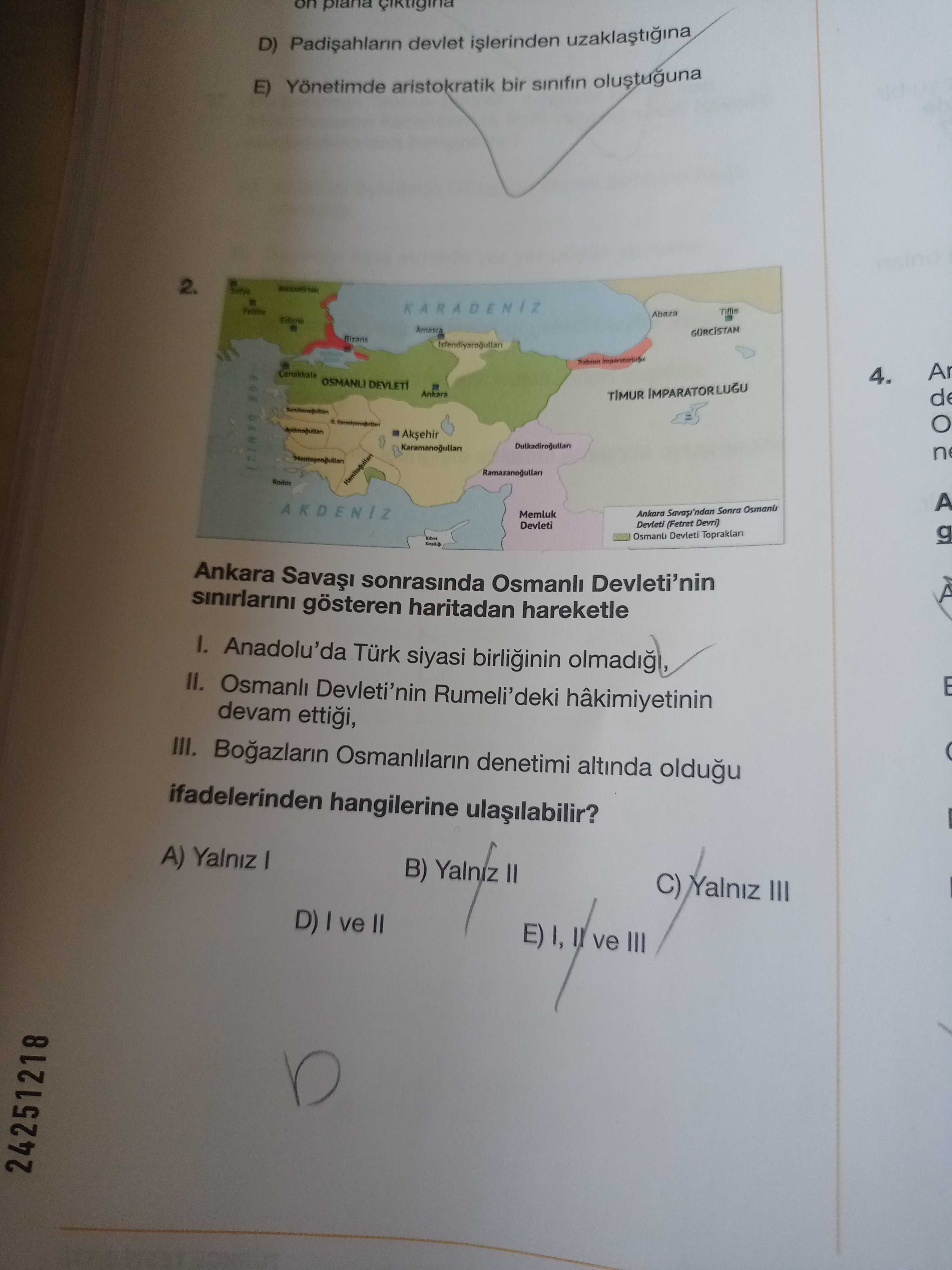 Ankara Savaşı sonrasında Osmanlı Devleti'nin sınırlarını gösteren haritadan hareketle I. Anadolu'da