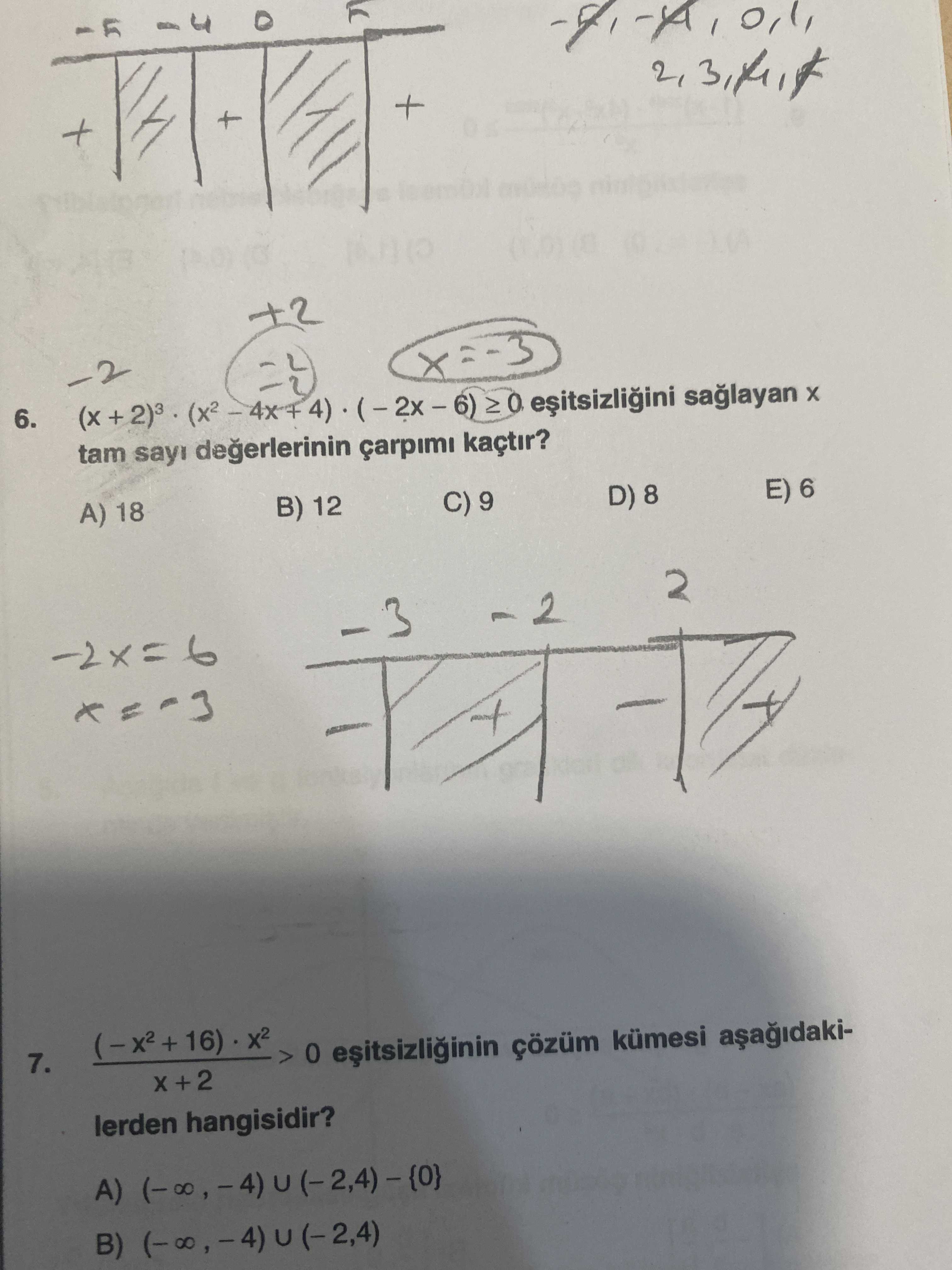 (x + 2)³ · (x² – 4x + 4) · (– 2x – 6) ≥ 0 eşitsizliğini sağlayan x tam sayı değerlerinin çarpımı