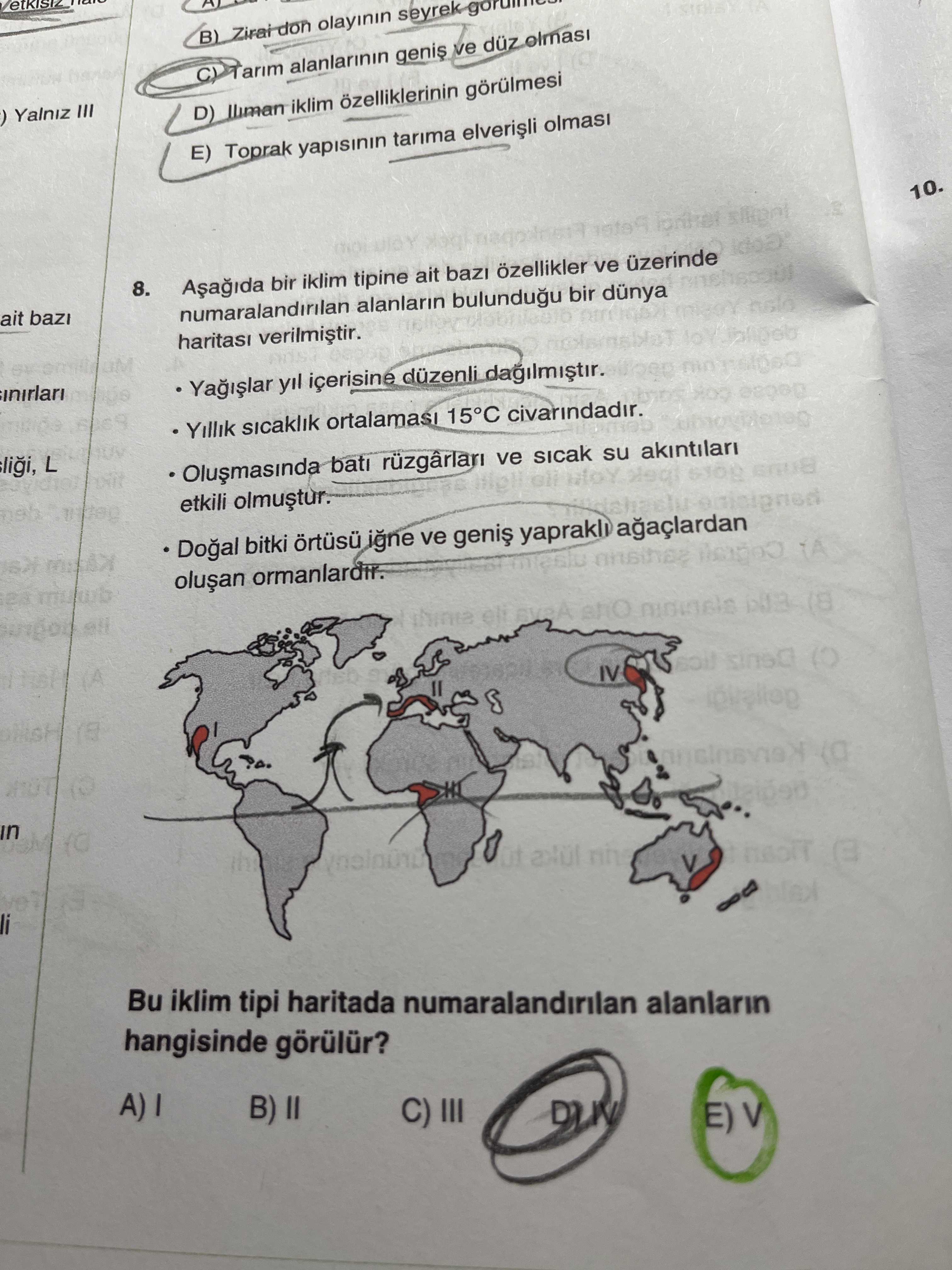 Aşağıda bir iklim tipine ait bazı özellikler ve üzerinde numaralandırılan alanların bulunduğu bir