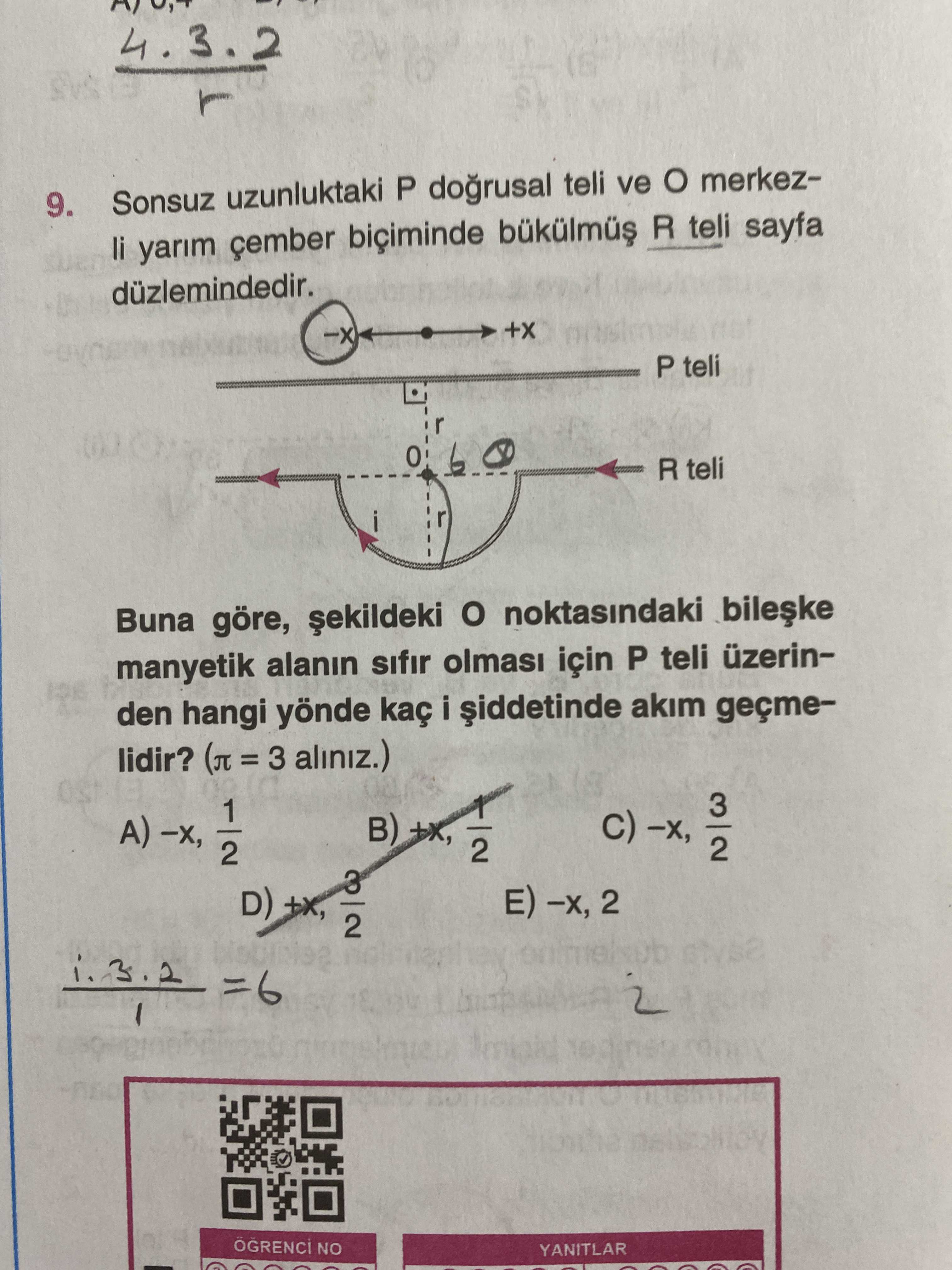 Sonsuz uzunluktaki P doğrusal teli ve O merkezli yarım çember biçiminde bükülmüş R teli sayfa
