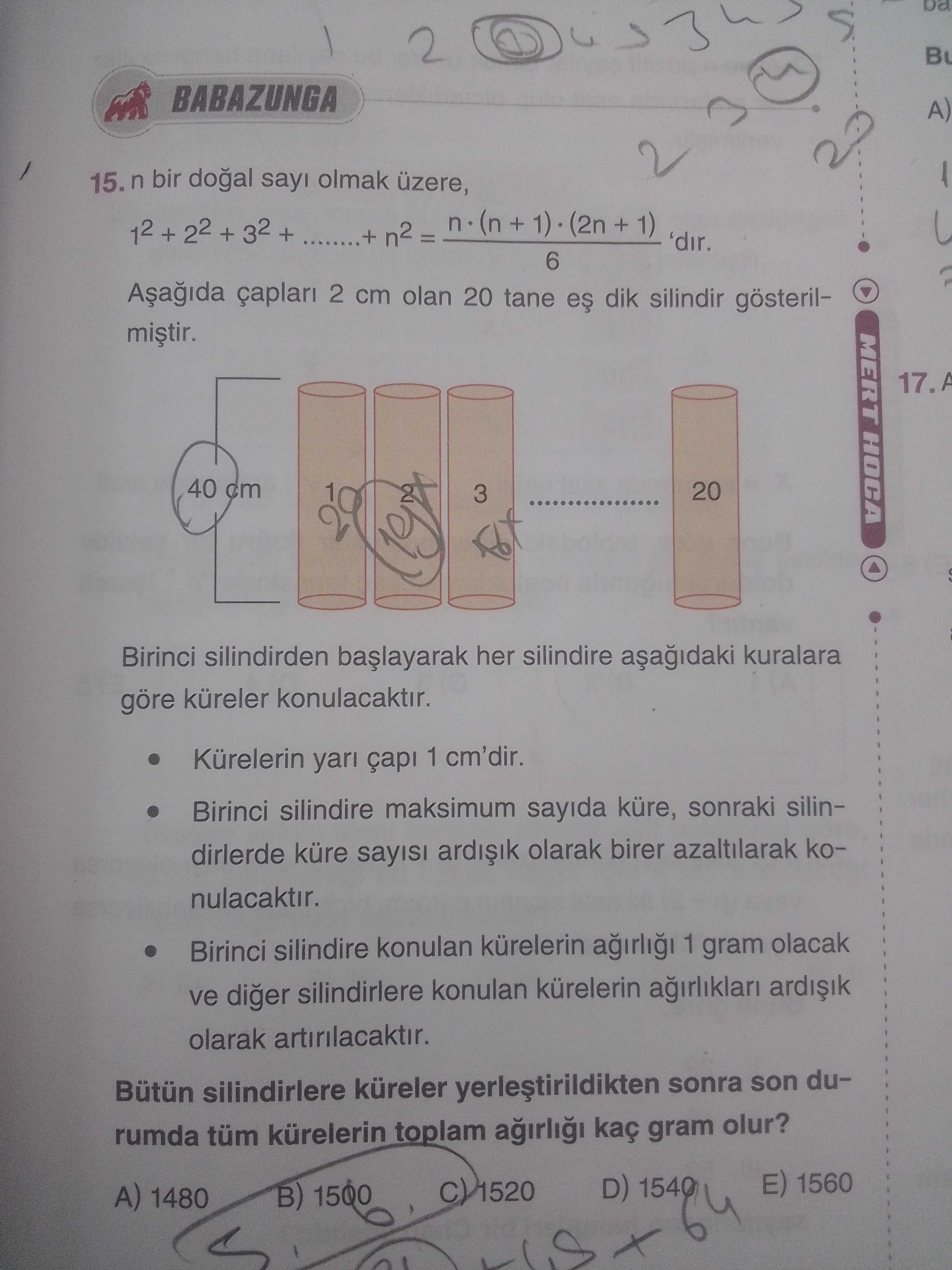 n bir doğal sayı olmak üzere, 1² + 2² + 3² + ........+ n² = n·(n + 1)·(2n + 1) / 6 'dır. Aşağıda