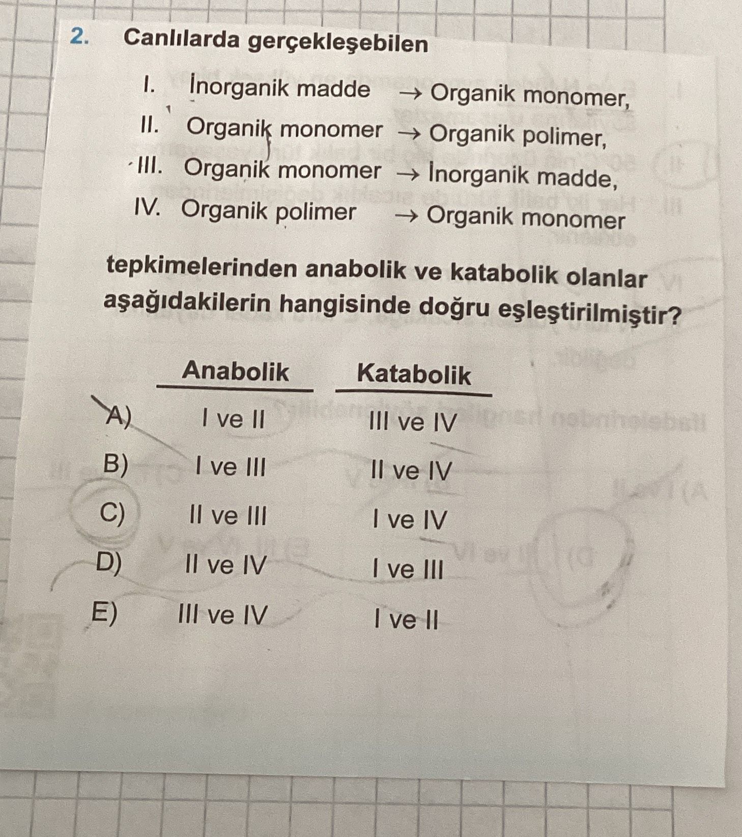 Canlılarda gerçekleşebilen I. İnorganik madde → Organik monomer, II. Organik monomer → Organik