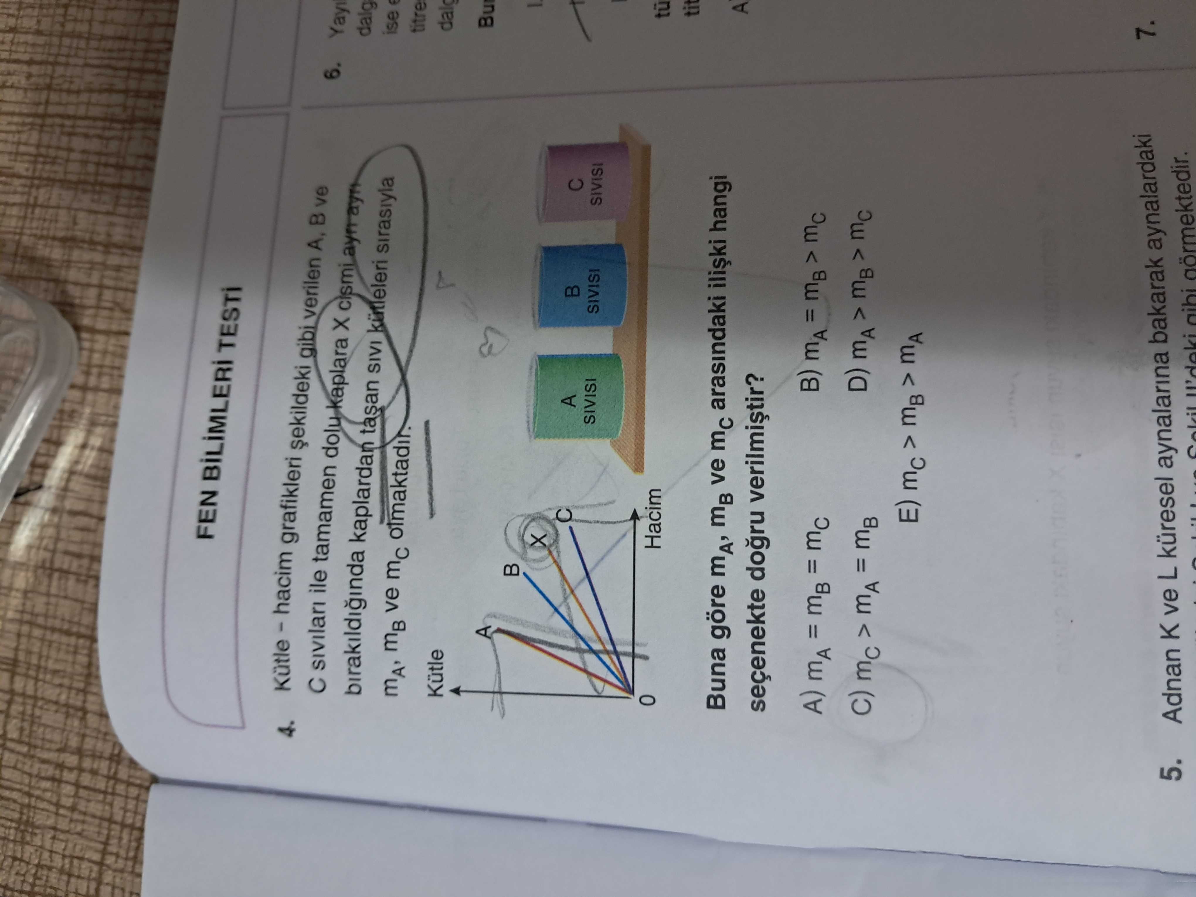 Kütle - hacim grafikleri şekildeki gibi verilen A, B ve C sıvıları ile tamamen dolu kaplara X cismi
