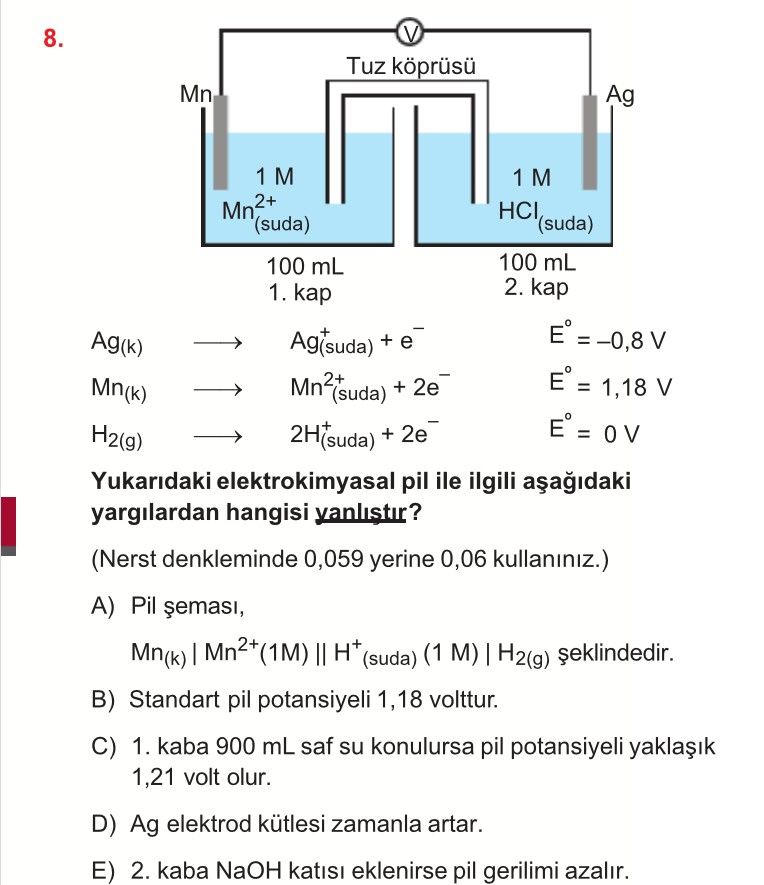 Ag(k) → Ag⁺(suda) + e⁻ E° = –0,8 V Mn(k) → Mn²⁺(suda) + 2e⁻ E° = 1,18 V H₂(g) → 2H⁺(suda) + 2e⁻ E° =