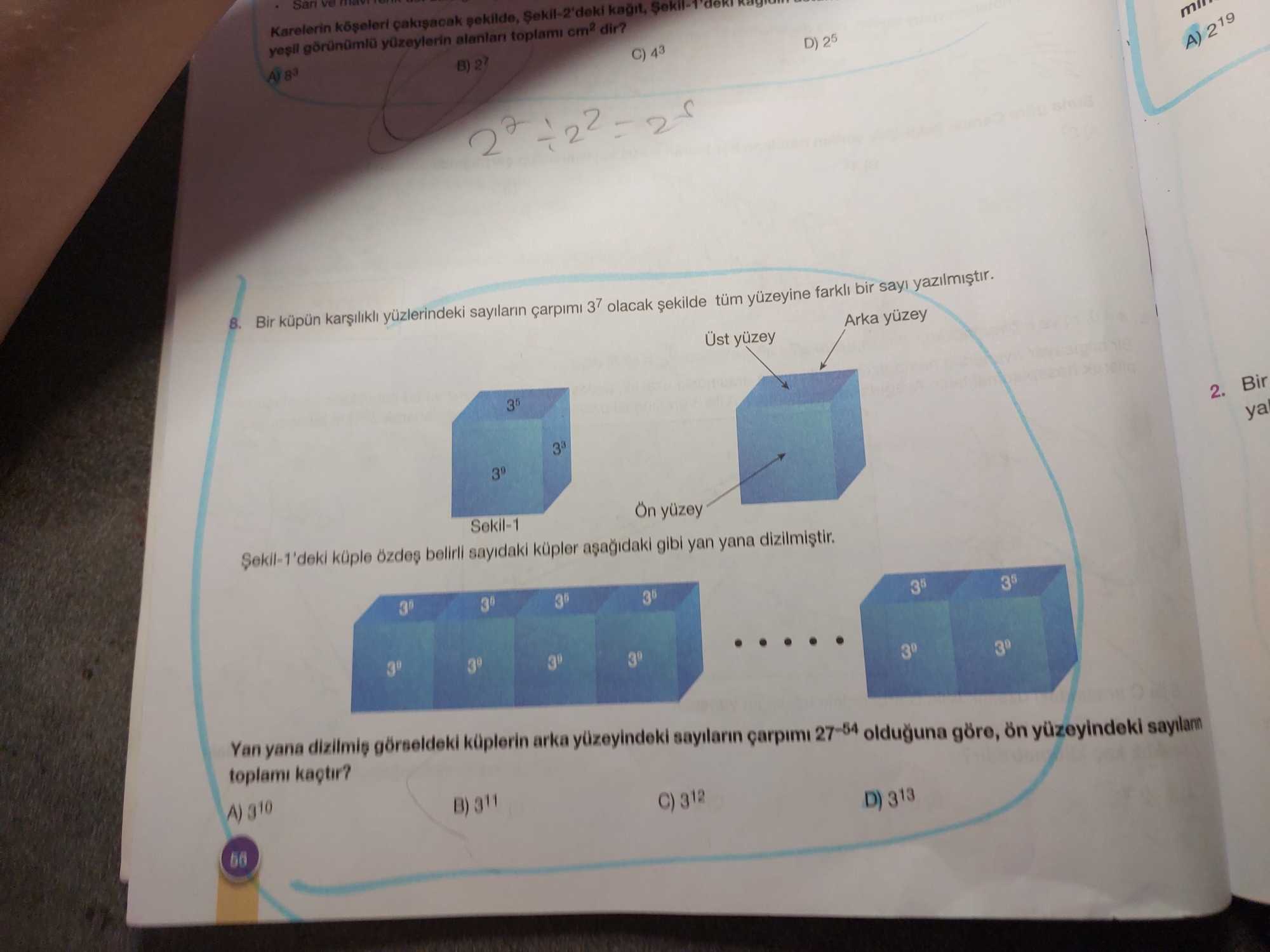 Bir küpün karşılıklı yüzlerindeki sayıların çarpımı 3⁷ olacak şekilde tüm yüzeyine farklı bir sayı