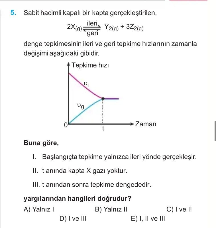 Sabit hacimli kapalı bir kapta gerçekleştirilen, 2X₍g₎ ⇌ Y₂₍g₎ + 3Z₂₍g₎ ileri/geri denge