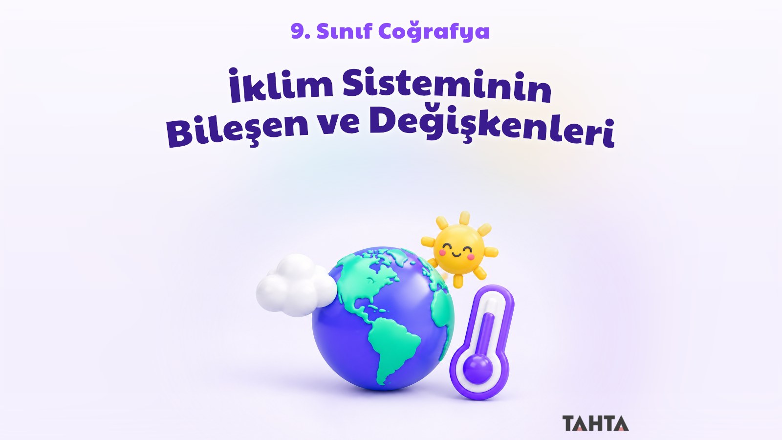 Bulut, güneş ve termometreyle çevrili sevimli üç boyutlu Dünya küresi, iklim sistemi kapak görseli