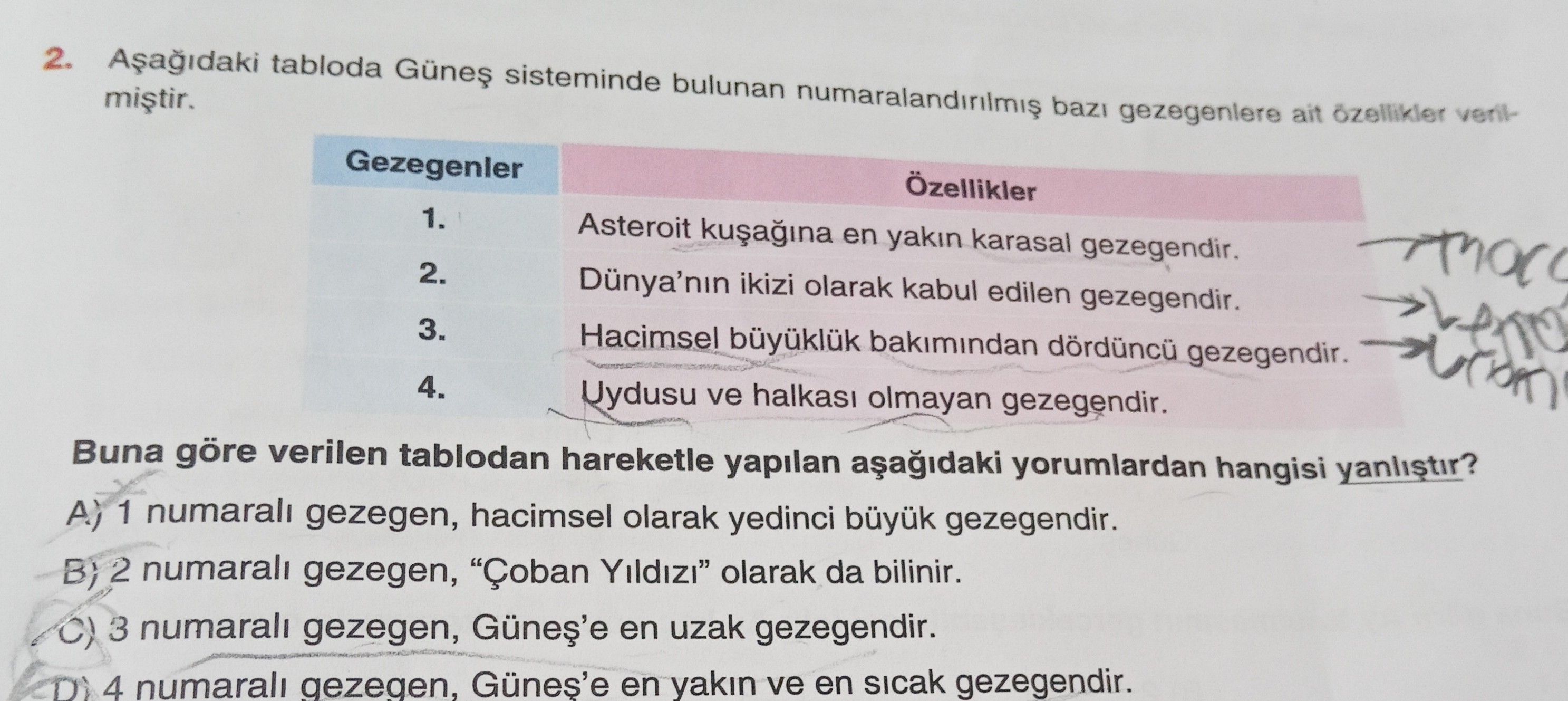 Aşağıdaki tabloda Güneş sisteminde bulunan numaralandırılmış bazı gezegenlere ait özellikler