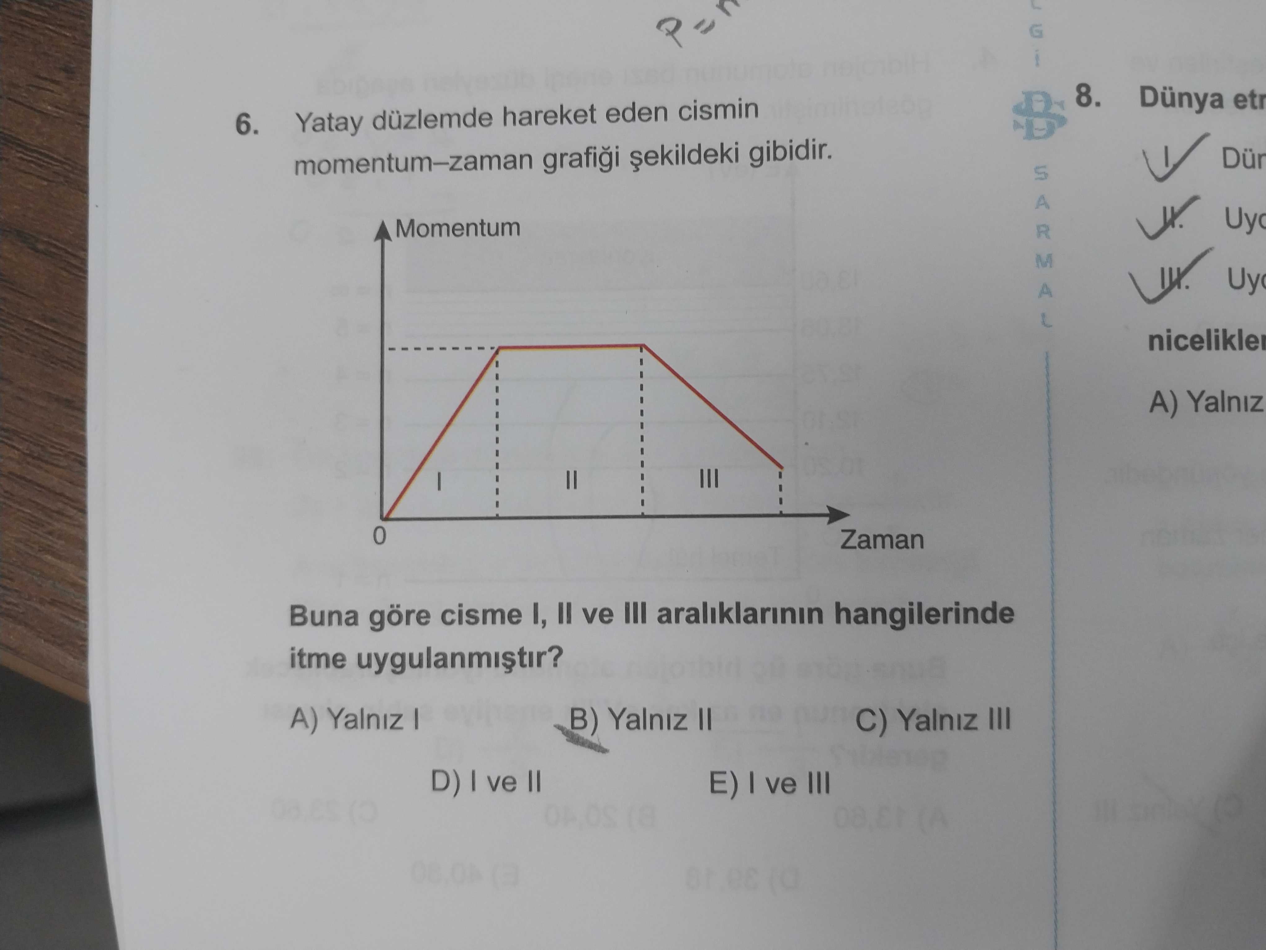 Yatay düzlemde hareket eden cismin momentum–zaman grafiği şekildeki gibidir. Buna göre cisme I, II