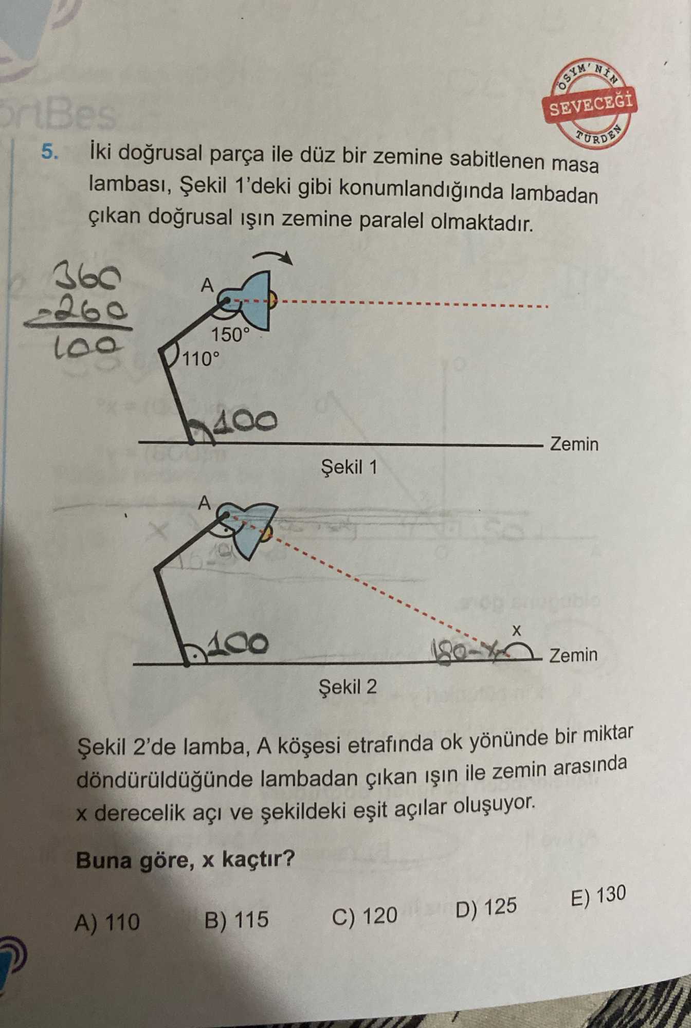 İki doğrusal parça ile düz bir zemine sabitlenen masa lambası, Şekil 1'deki gibi konumlandığında