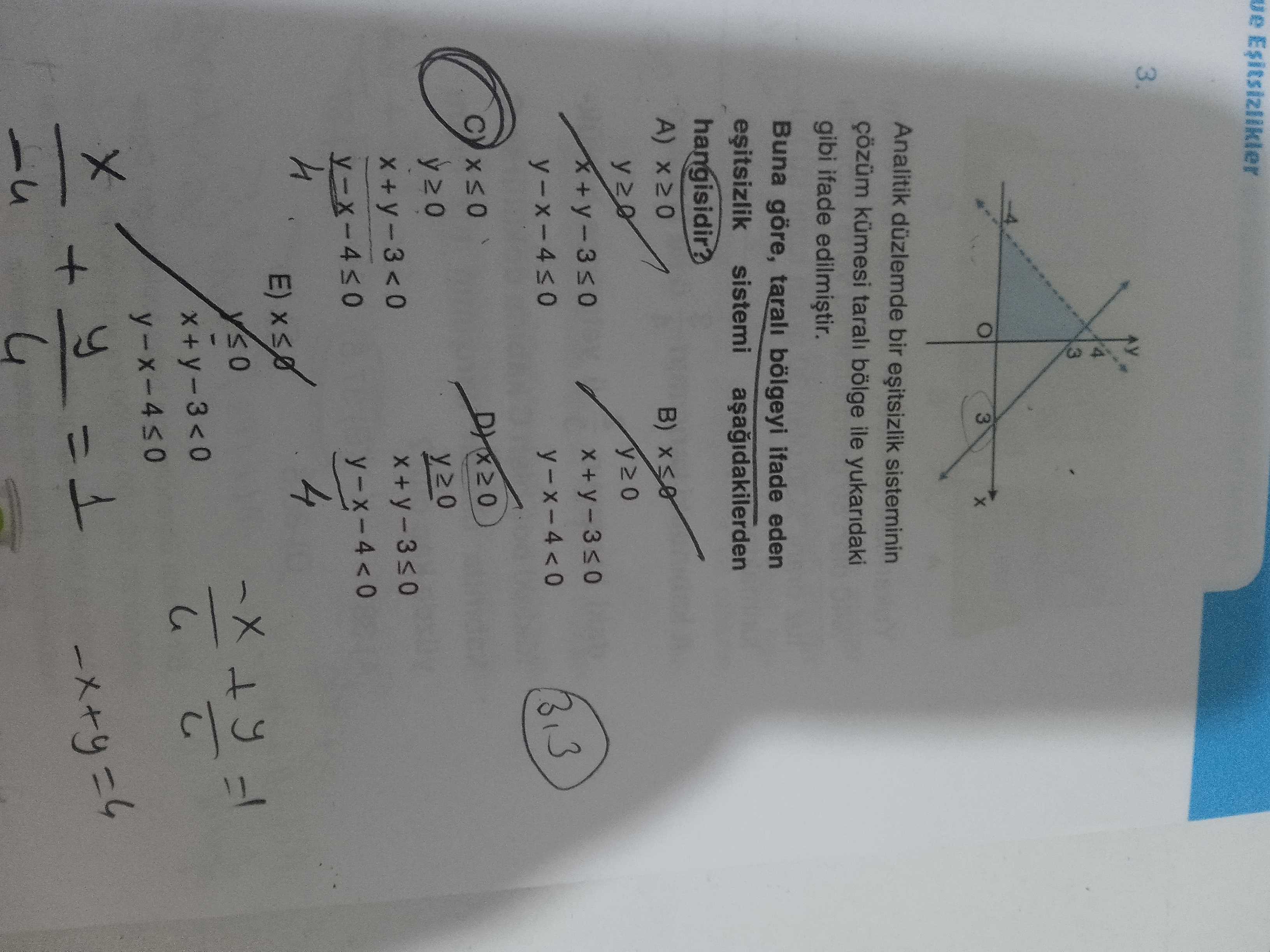 Ue 3. 3 4 3 Analitik düzlemde bir sisteminin çözüm kümesi tarali bölge ile yukaridaki gibi ifade Buna göre, tarali bölgeyi ifade eden sistemi hangisidir. A) B) 4 05 ue 3. A) B) 4 05. ?? Model.Question.title