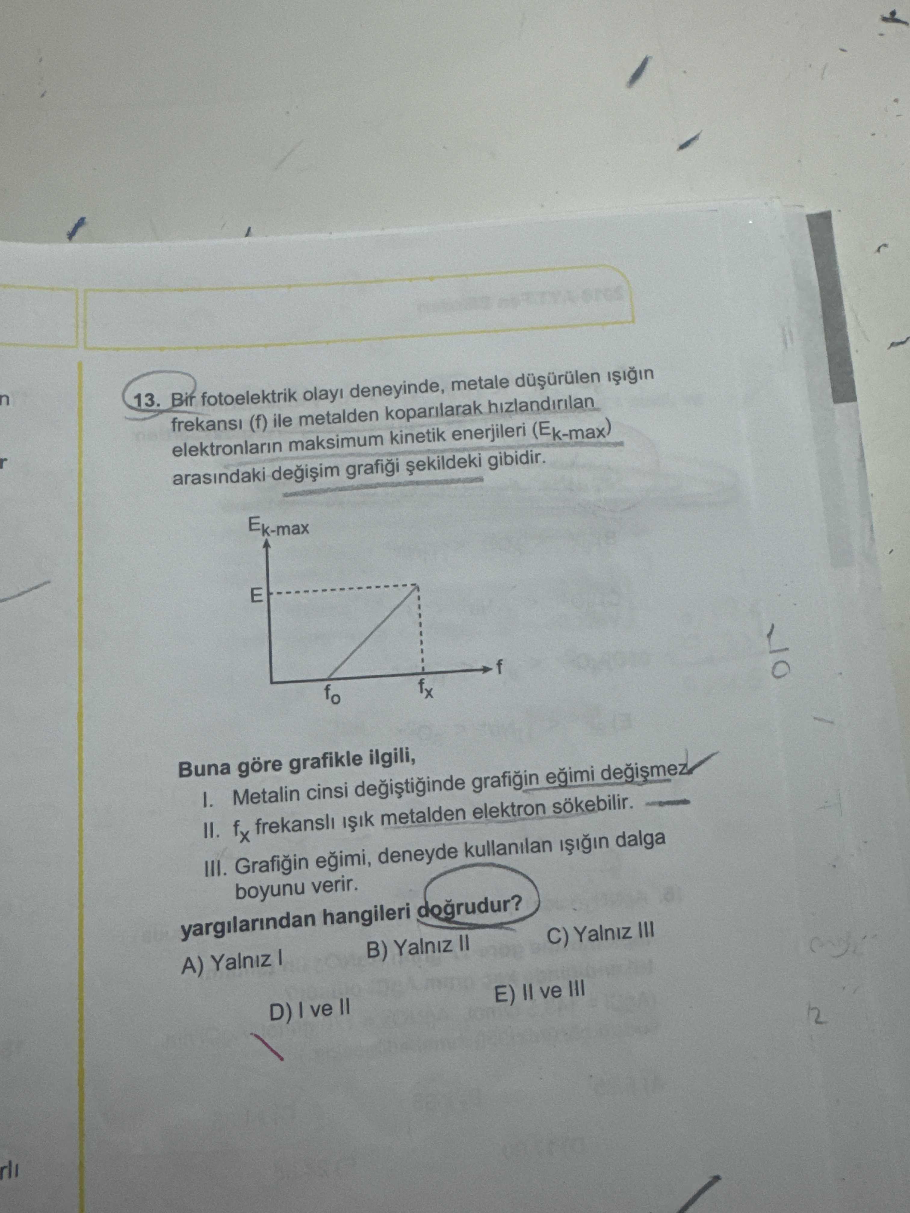 Bir fotoelektrik olayı deneyinde, metale düşürülen ışığın frekansı (f) ile metalden koparılarak
