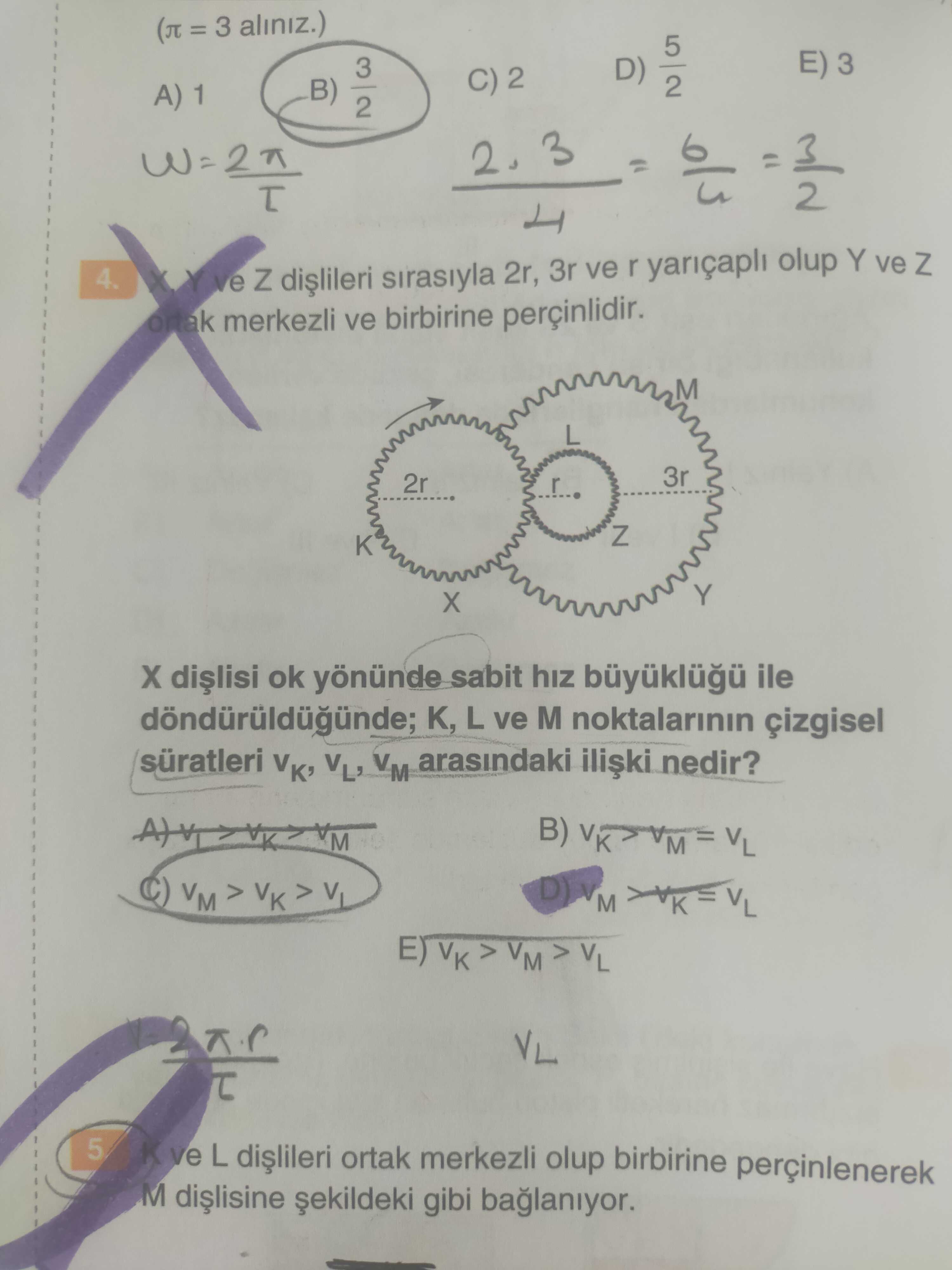 X, Y ve Z dişlileri sırasıyla 2r, 3r ve r yarıçaplı olup Y ve Z ortak merkezli ve birbirine
