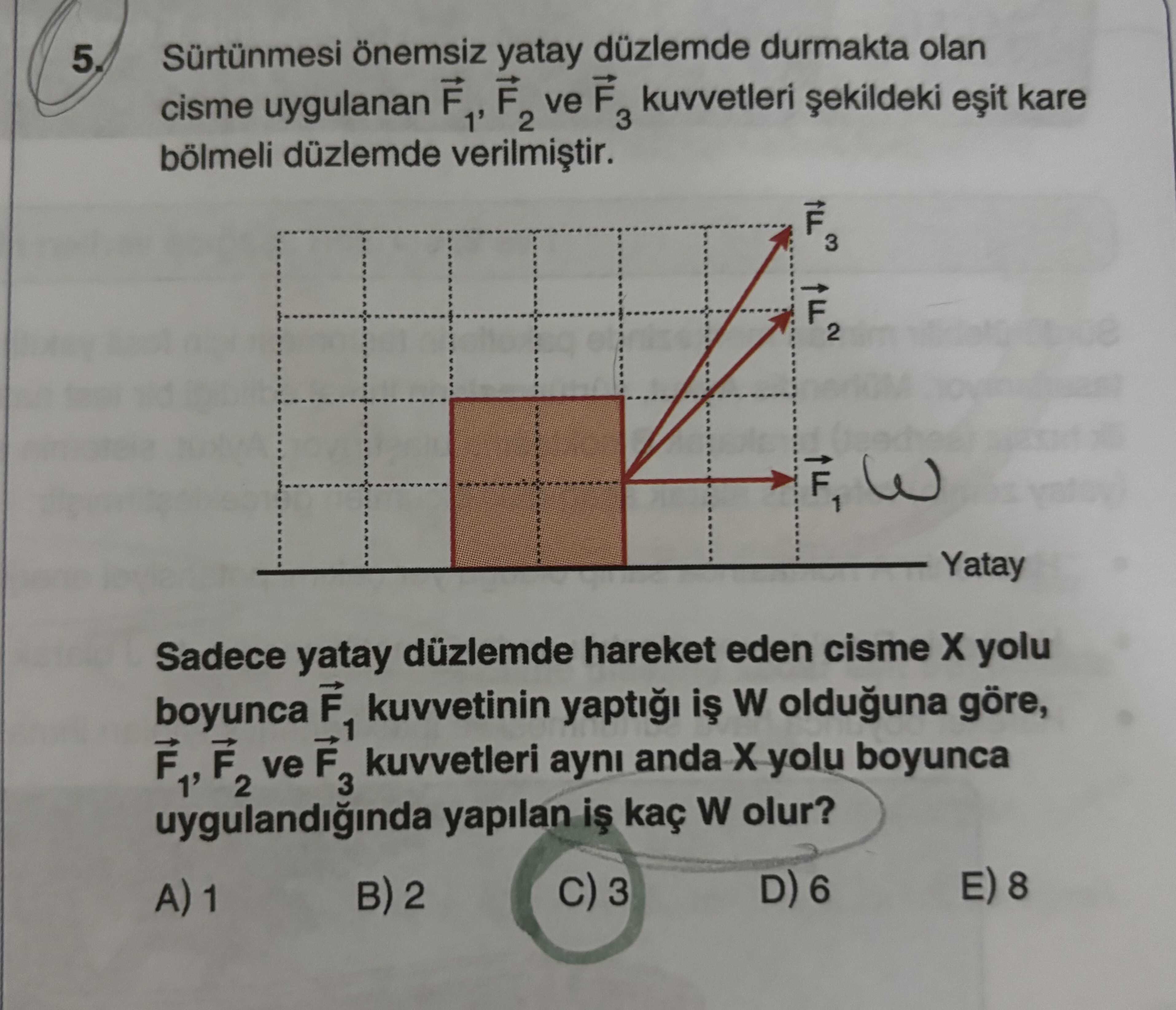 Sürtünmesi önemsiz yatay düzlemde durmakta olan cisme uygulanan F₁, F₂ ve F₃ kuvvetleri şekildeki