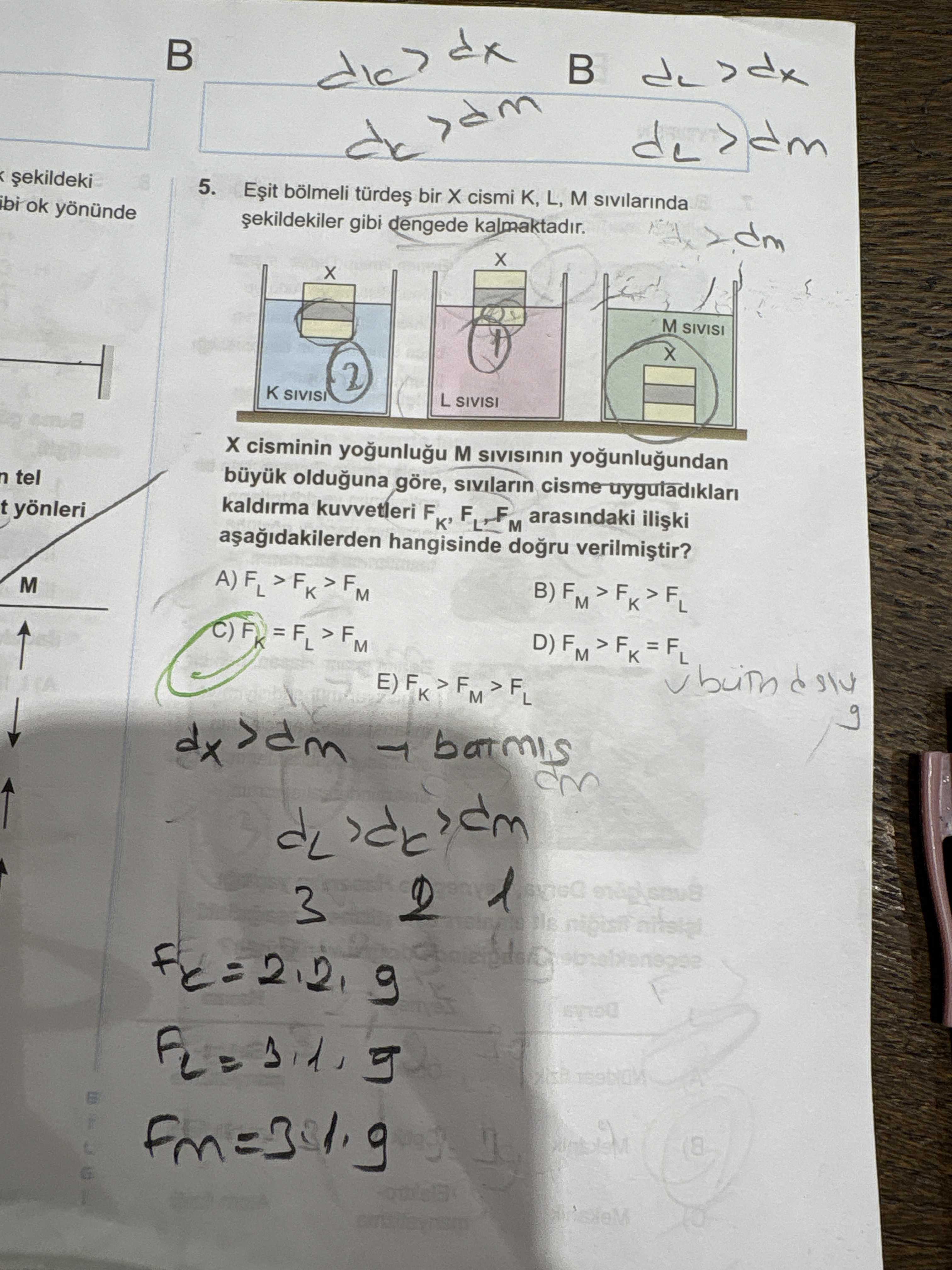 Eşit bölmeli türdeş bir X cismi K, L, M sıvılarında şekildekiler gibi dengede kalmaktadır. X