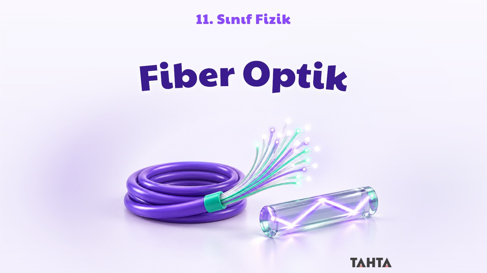 Uçları parlayan mor ve yeşil fiber optik tel demeti ile içinde ışık yansıyan cam çubuk
