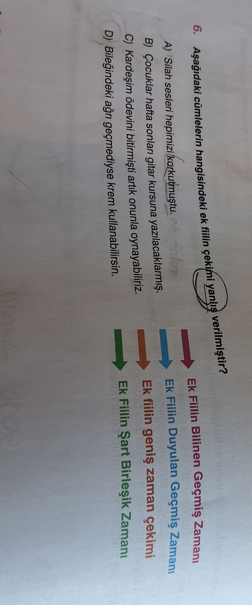 Aşağıdaki cümlelerin hangisindeki ek fiilin çekimi yanlış verilmiştir?