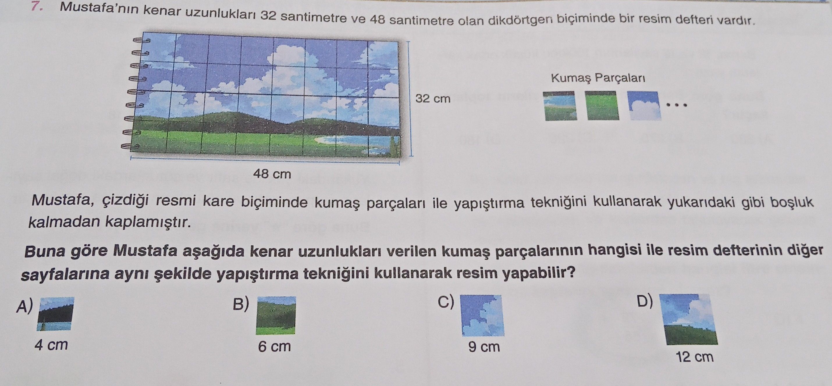Mustafa'nın kenar uzunlukları 32 santimetre ve 48 santimetre olan dikdörtgen biçiminde bir resim
