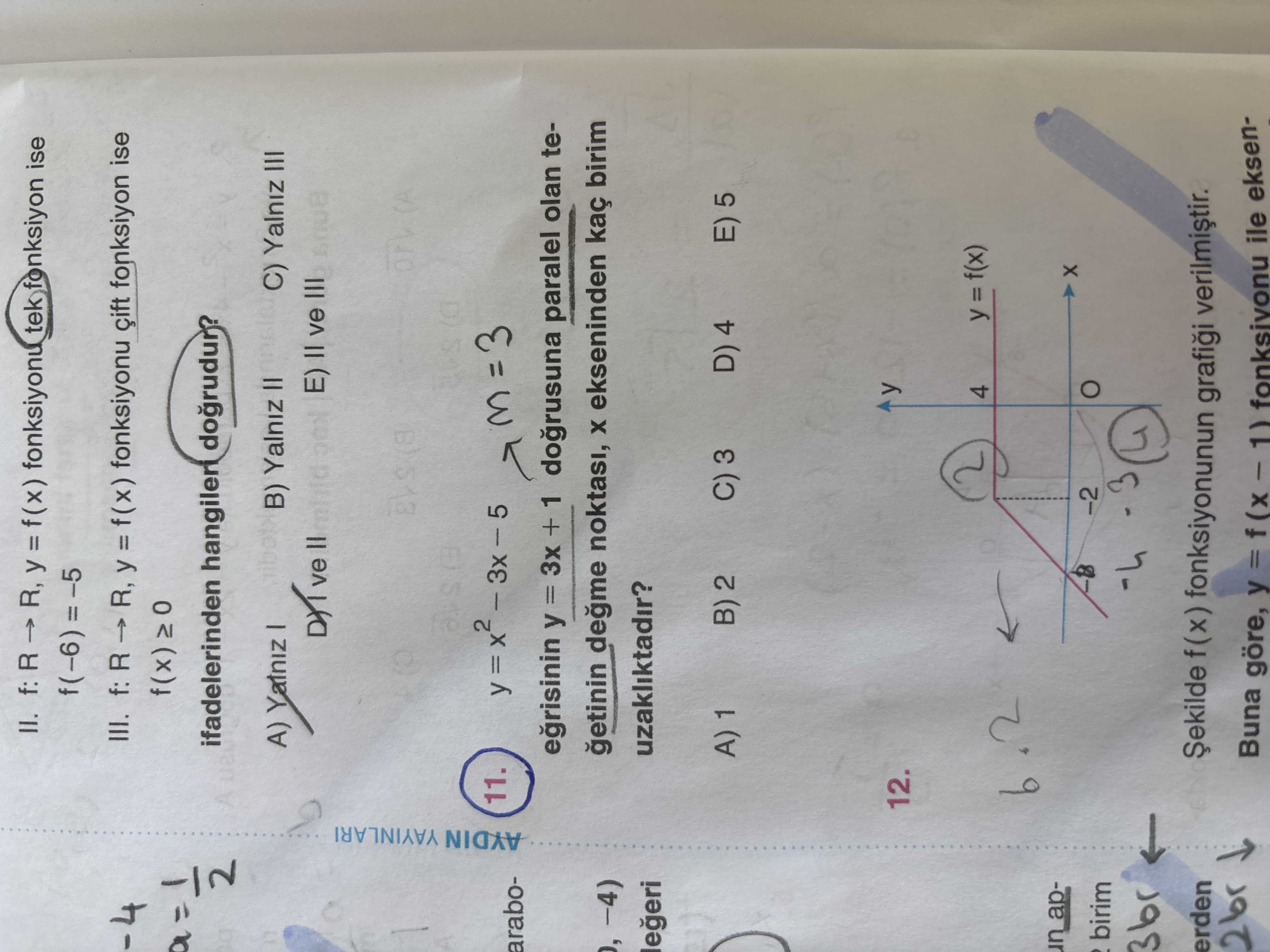 y = x² − 3x − 5 eğrisinin y = 3x + 1 doğrusuna paralel olan teğetinin değme noktası, x ekseninden