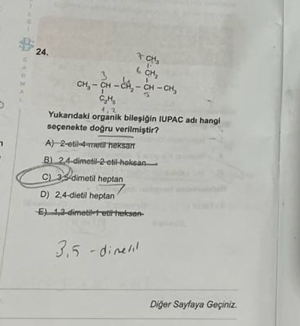 CH₃ – CH – CH₂ – CH – CH₃ | | C₂H₅ CH₂ | CH₃ (Karbon numaraları: 3, 4, 5, 6, 7 olarak işaretlenmiş)