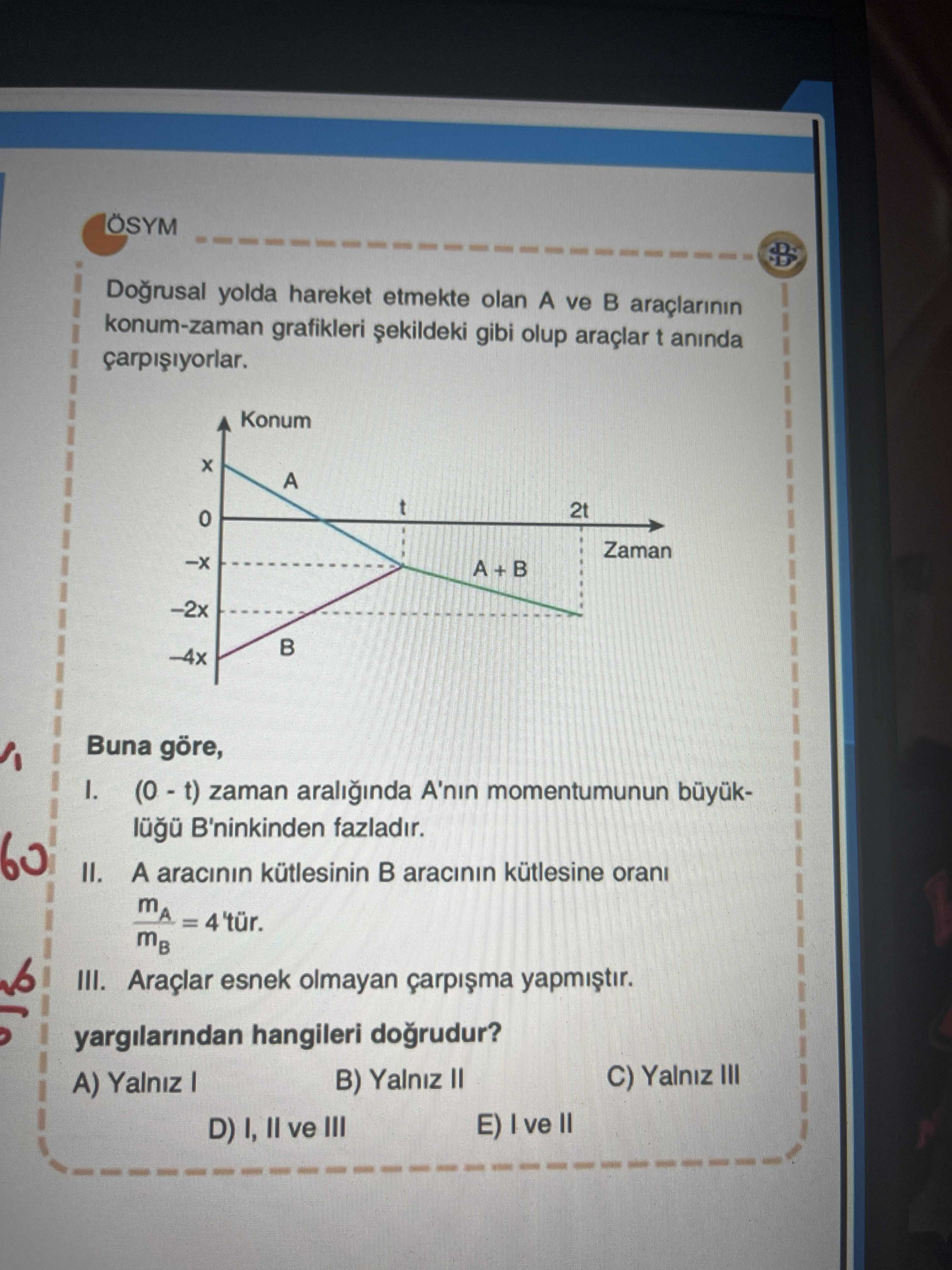 Doğrusal yolda hareket etmekte olan A ve B araçlarının konum-zaman grafikleri şekildeki gibi olup