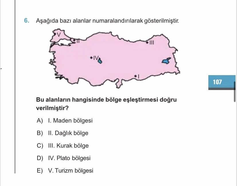 Aşağıda bazı alanlar numaralandırılarak gösterilmiştir. Bu alanların hangisinde bölge eşleştirmesi