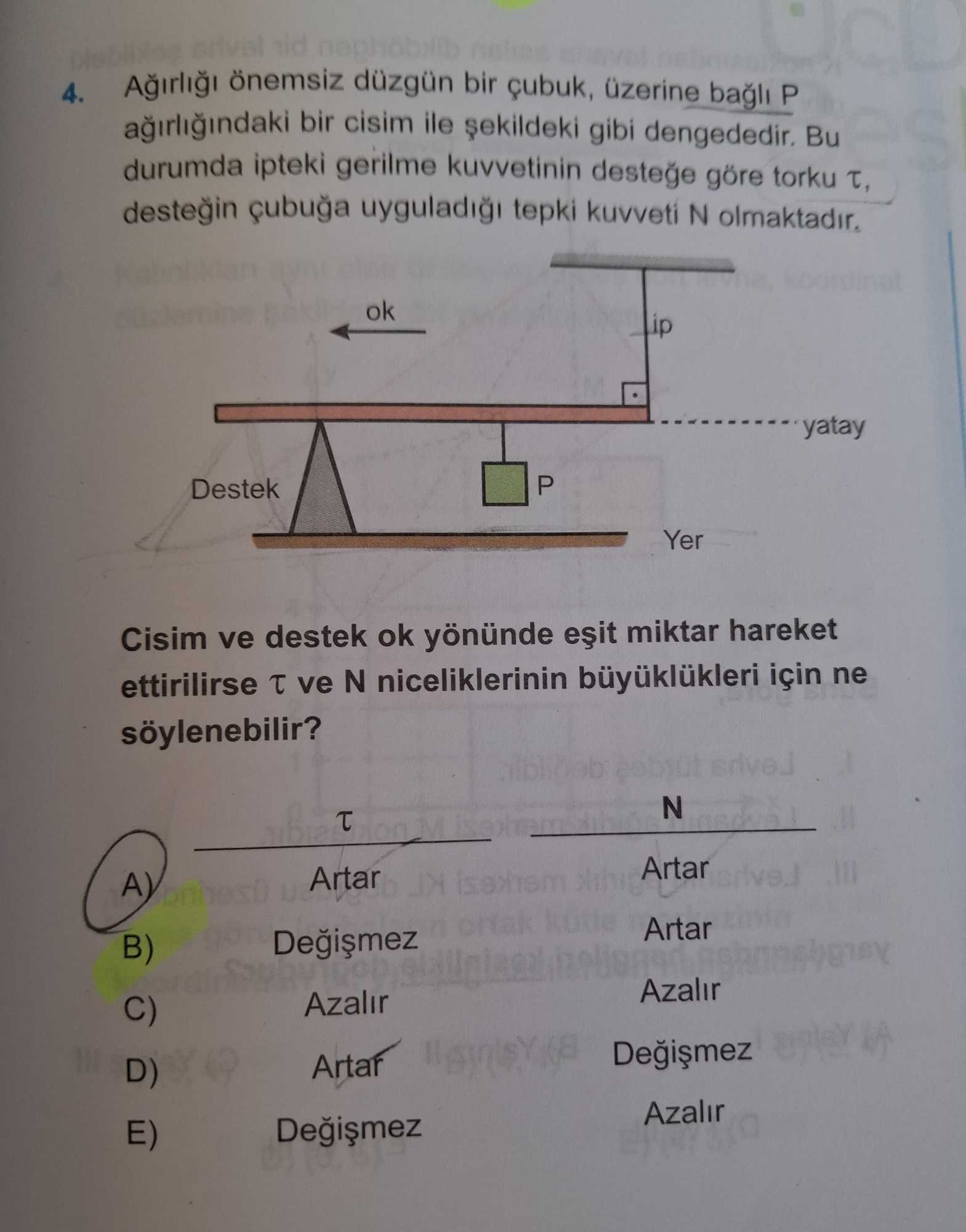 Ağırlığı önemsiz düzgün bir çubuk, üzerine bağlı P ağırlığındaki bir cisim ile şekildeki gibi