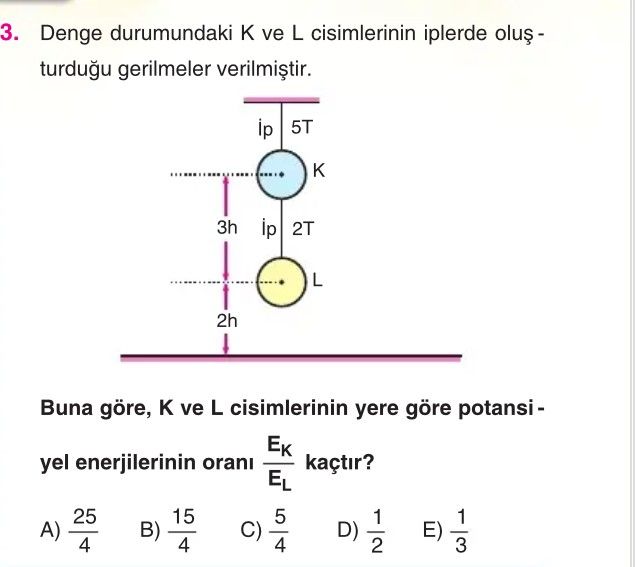 Denge durumundaki K ve L cisimlerinin iplerde oluşturduğu gerilmeler verilmiştir. Buna göre, K ve L