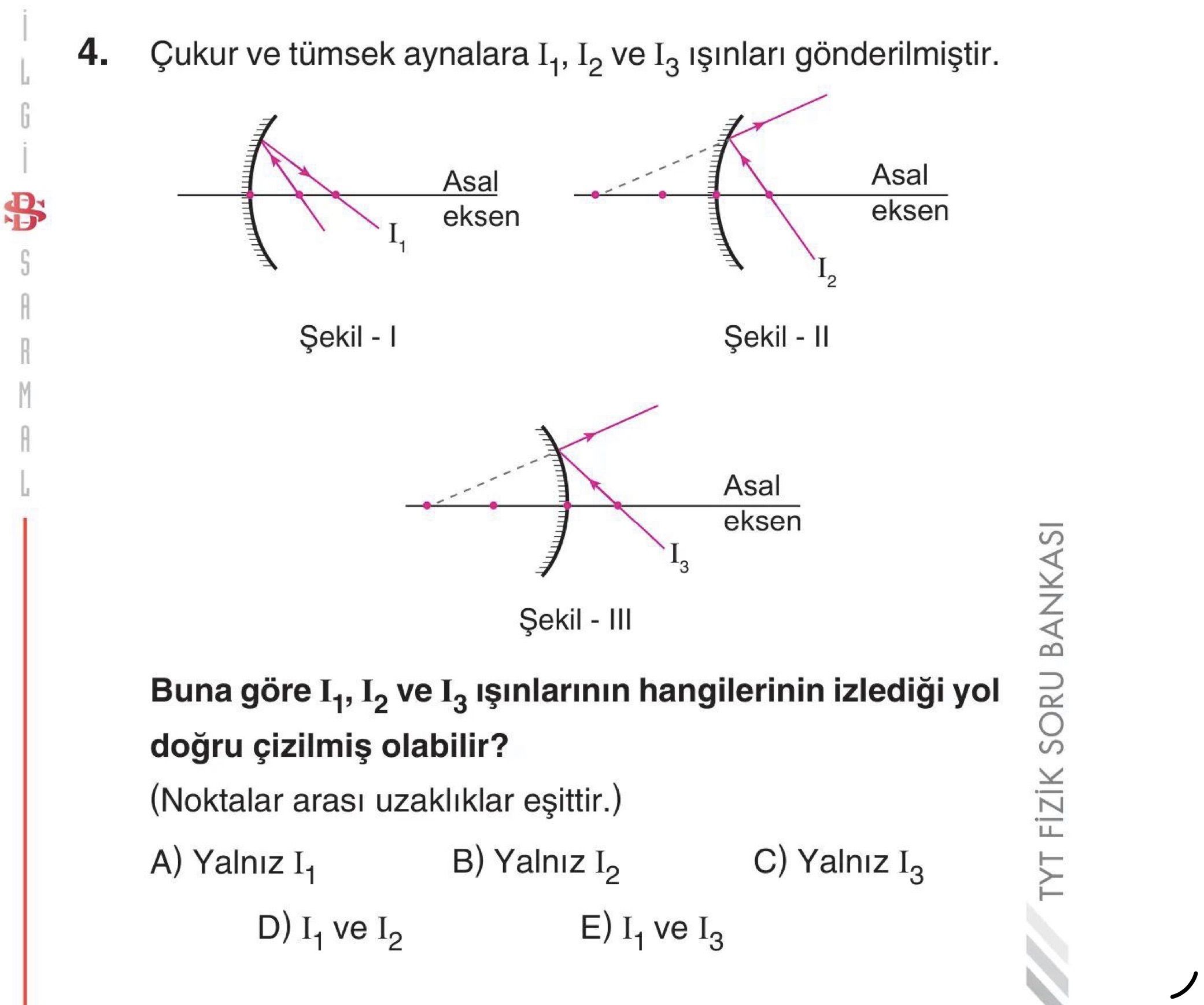 Çukur ve tümsek aynalara I₁, I₂ ve I₃ ışınları gönderilmiştir. Buna göre I₁, I₂ ve I₃ ışınlarının